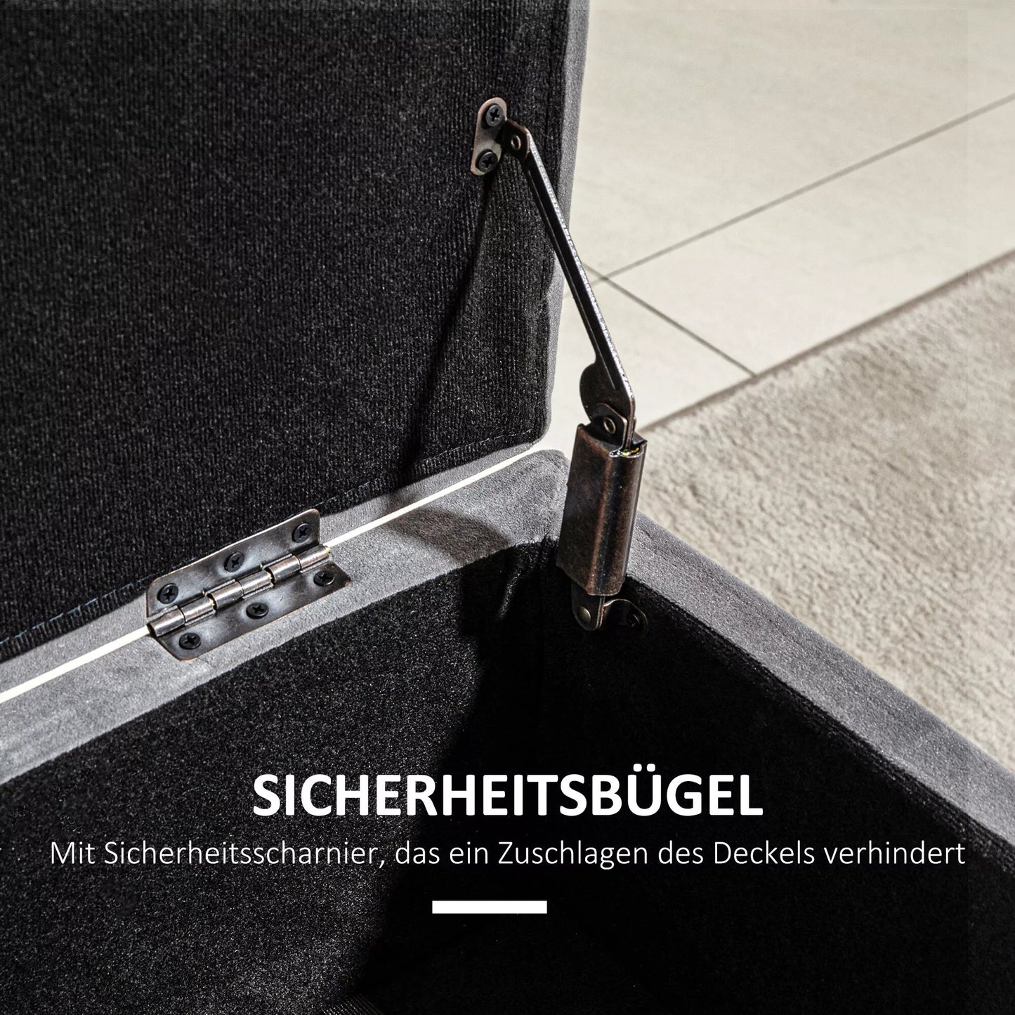 Suolas, minkštas suolas su daiktadėže, dėžė-suolas, metalas, putplastis, kaučiukmedžio mediena, anglies pilka, 110 x 43 x 45 cm