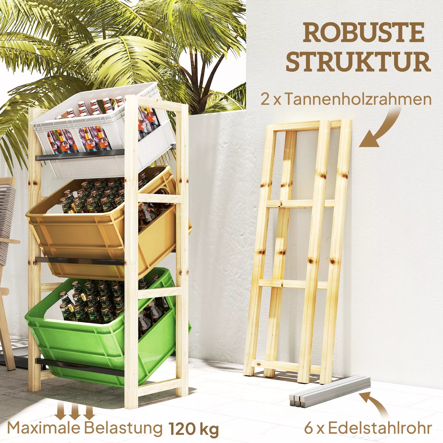 Gėrimų dėžių lentynos 3 gėrimų dėžėms Gėrimų lentynos Medinės dėžių lentynos su 3 lygiais 56 x 32 x 112 cm Natūralaus medžio