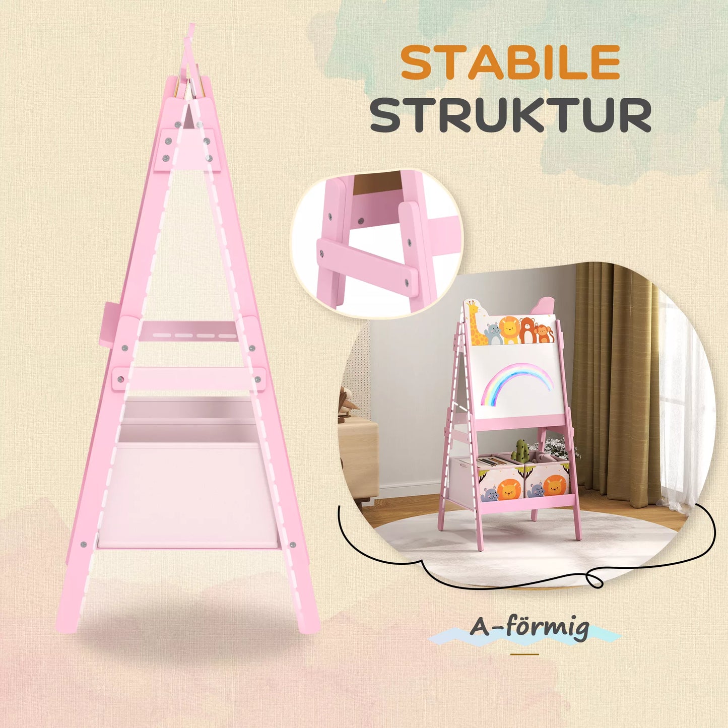 2-in-1 vaikiška dailės lenta su baltąja lenta, kreidine lenta, laikymo dėžėmis, 3-8 metų vaikams, rožinė