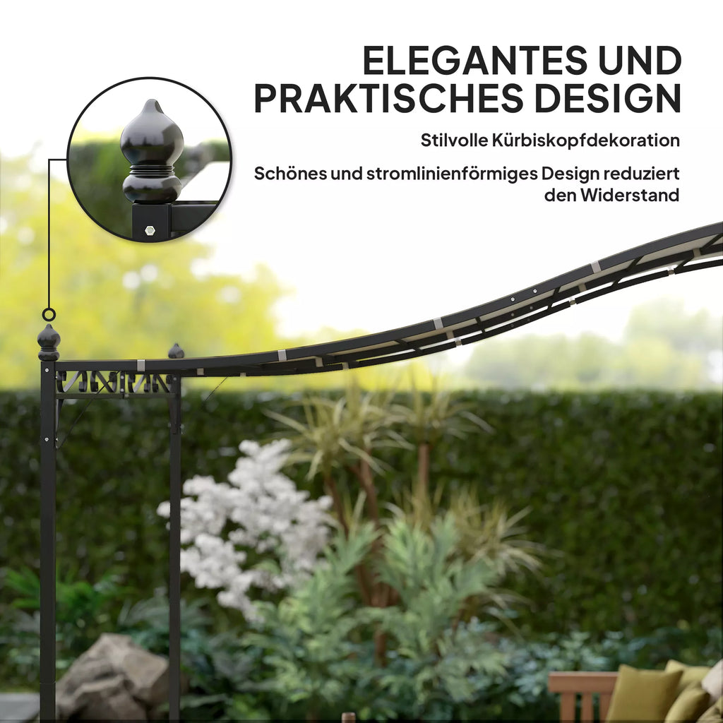2,5 x 3 m pergola, prie sienos montuojamas sodo paviljonas, atsparus vandeniui, metalinis rėmas, nuotekų angos, šešėlinis stogas, kreminės baltos spalvos