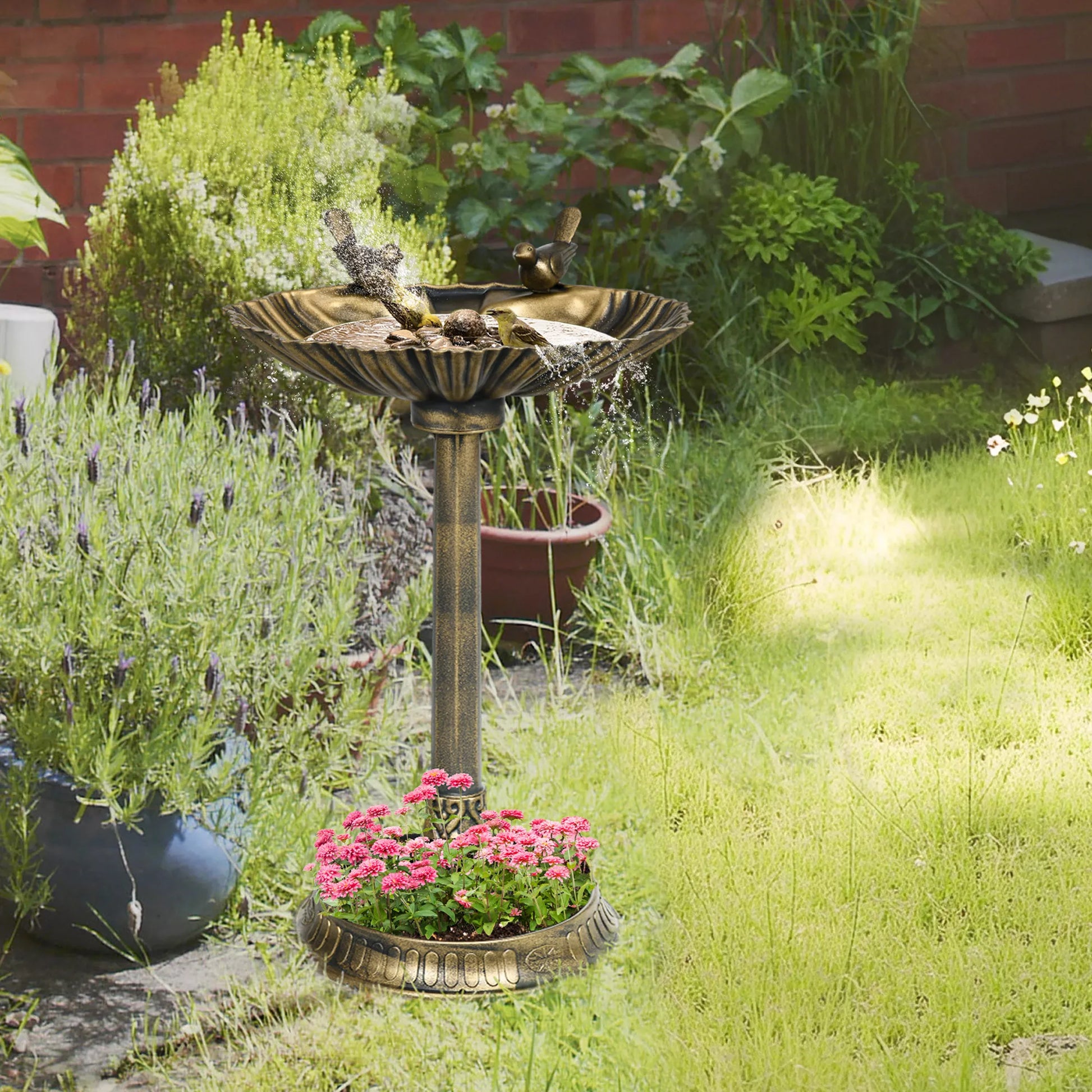 Paukščių girdykla, paukščių vonia su statulėlėmis, 2 baseinai, plastikas, senovinis stilius, 49,5L x 38B x 81H cm, bronzos spalvos