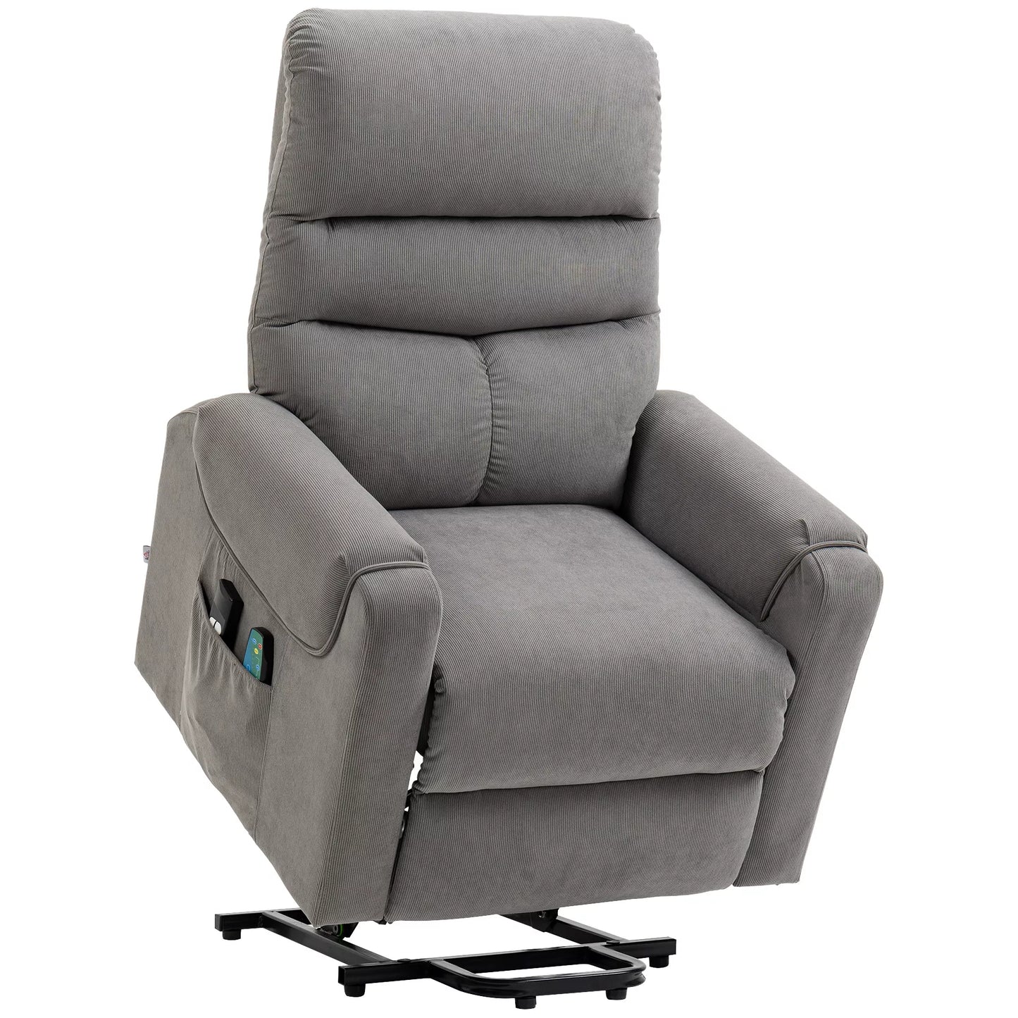 HOMCOM Elektrinis fotelis su pagalba atsistojant, masažinis fotelis su gulėjimo ir šildymo funkcijomis, poilsio fotelis su nuotolinio valdymo pulteliu ir šonine kišene, reguliuojamas, poliesterio audinys, tamsiai pilkos spalvos