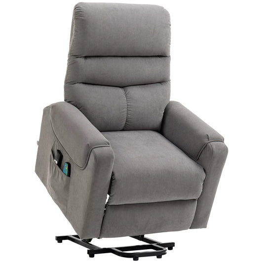 HOMCOM Elektrinis fotelis su pagalba atsistojant, masažinis fotelis su gulėjimo ir šildymo funkcijomis, poilsio fotelis su nuotolinio valdymo pulteliu ir šonine kišene, reguliuojamas, poliesterio audinys, tamsiai pilkos spalvos