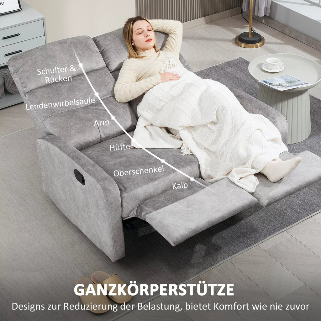 Dvivietis fotelis, poilsio fotelis su reguliuojamu dvigubu atlošu ir kojų atrama, skirtas svetainei, audinio apmušalas, pilkos spalvos