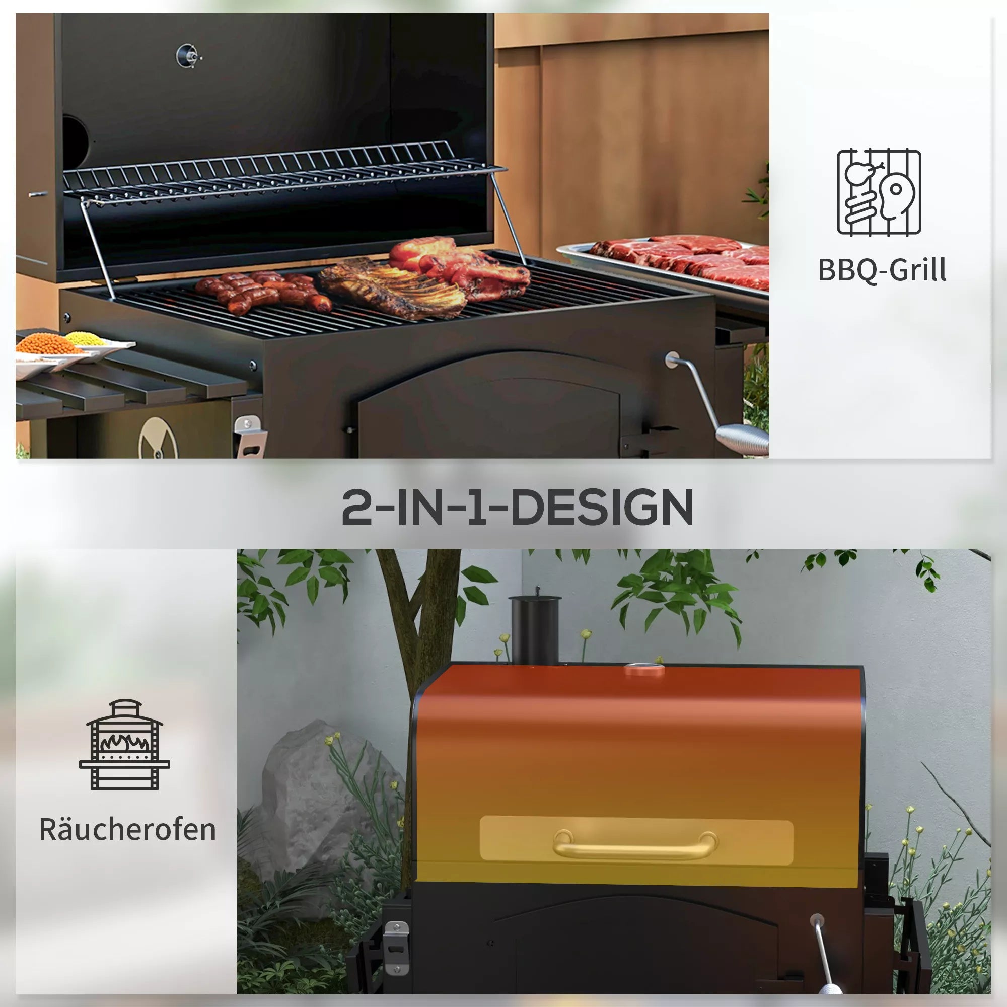 Medžio anglies grilis su rūkymo funkcija, reguliuojamas anglies skyrius, šoninės lentynos, 124 x 66 x 112 cm, juodos spalvos