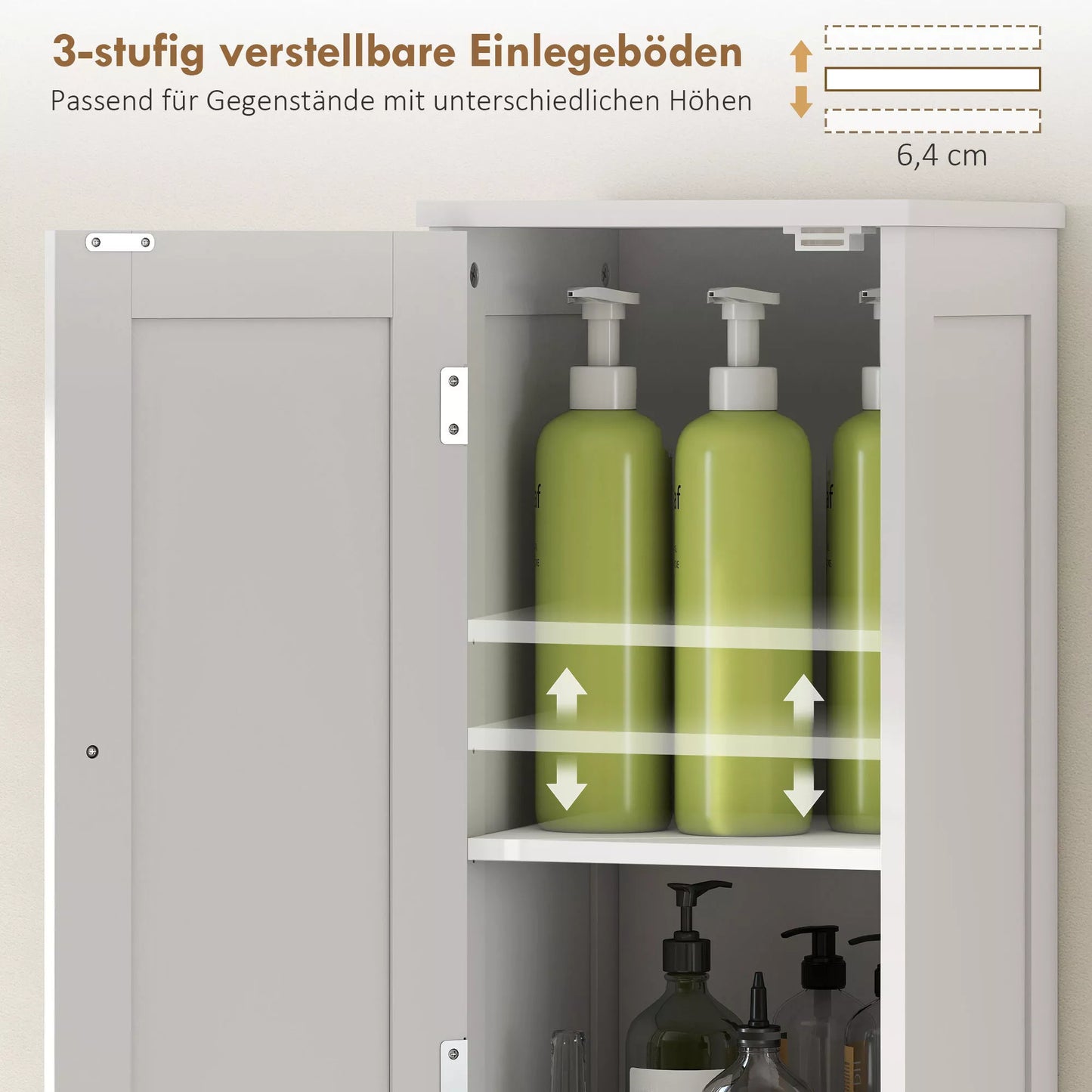 Aukštas, siauras vonios spintelė su durelėmis, atviromis lentynomis, 30 x 30 x 170 cm, balta