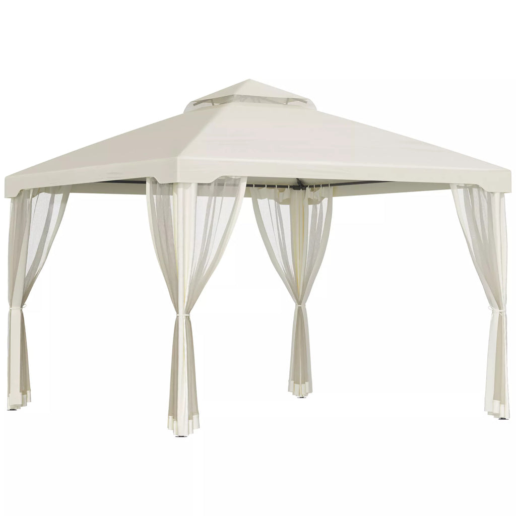 Paviljonas su dvigubu stogu, apie 3x3 m. Neperšlampamas, stabilus, atsparus žiemos sąlygoms sodo paviljonas su moskitine tinklele, šoninėmis dalimis, metalinis sodo paviljonas, skirtas sodui, terasai, kreminės baltos spalvos.