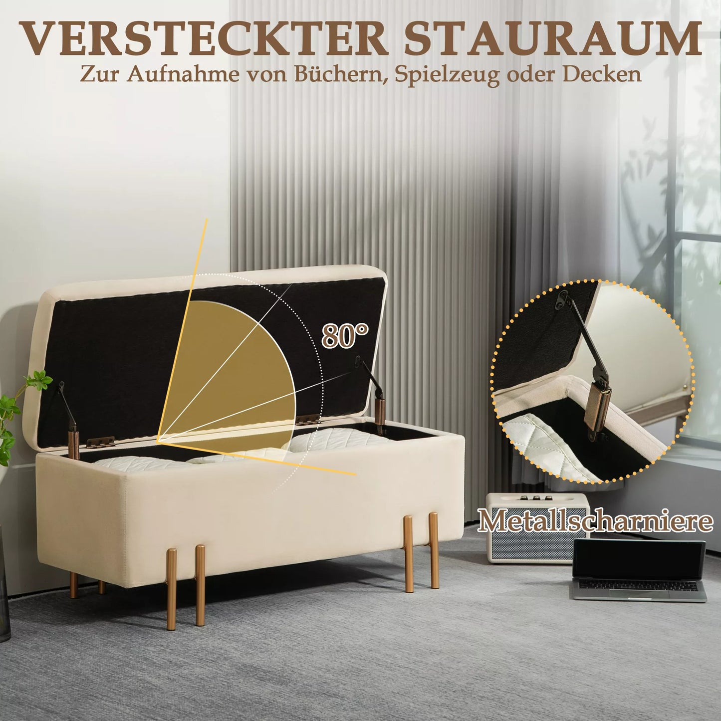 Sėdimoji sofa su daiktų laikymo vieta, skrynia, putplastis, metalas, kaučiuko medis, 100 x 40 x 42 cm, smėlio spalvos