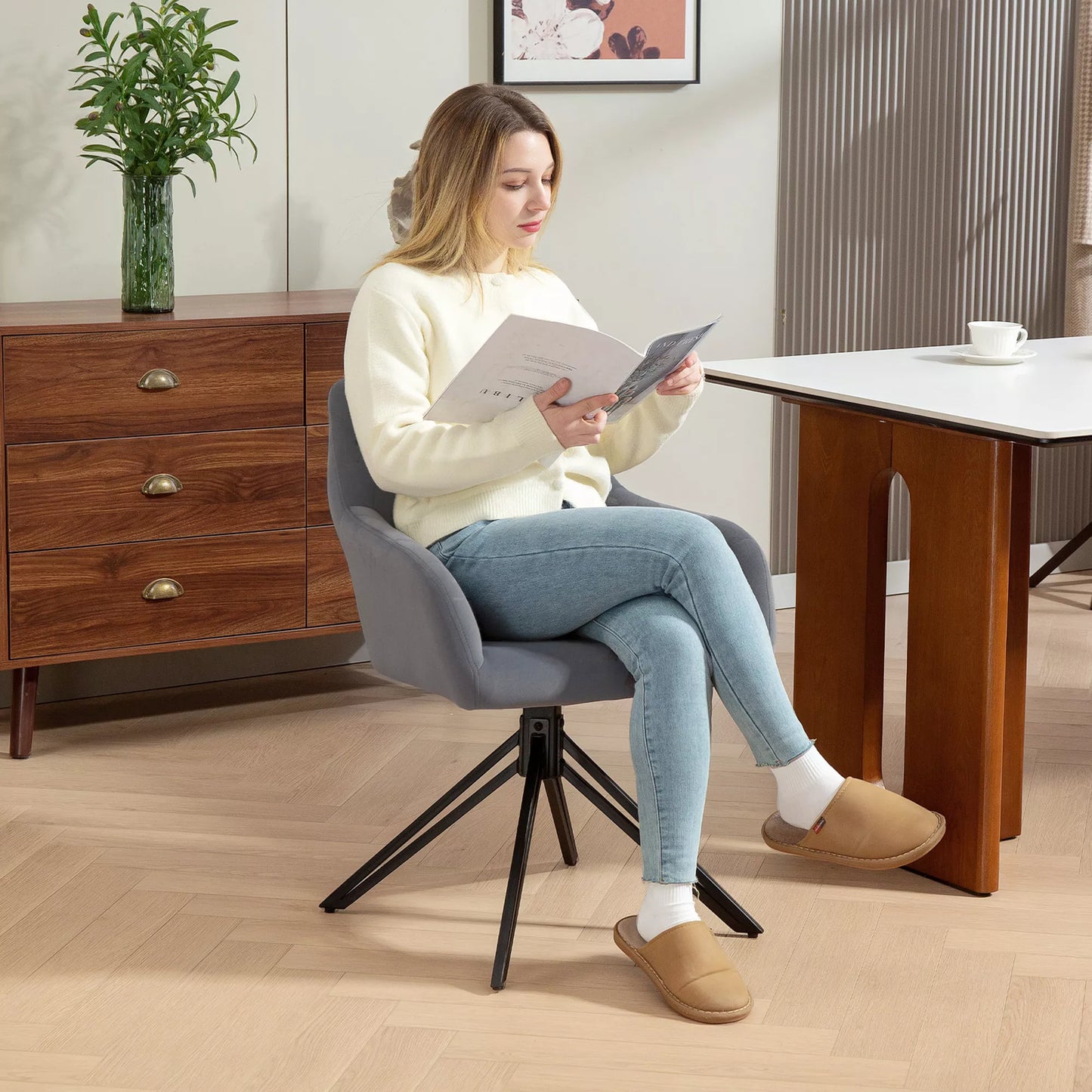 Akcentinis krėslas retro dizaino, aksominės išvaizdos, 58 cm x 60,5 cm x 79 cm, plieninis, pilkas