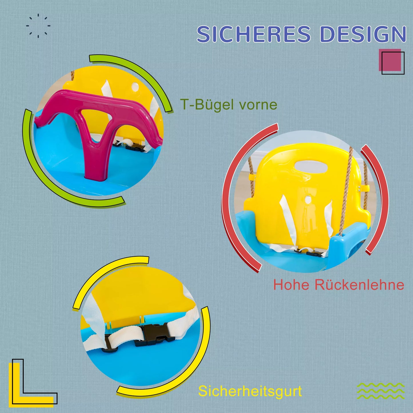 3-in-1 vaikiškos sūpynės, reguliuojamo aukščio, nuimama atlošama dalis, skirtos naudoti patalpose ir lauke, mėlyna+geltona, 42 x 33 x 180 cm