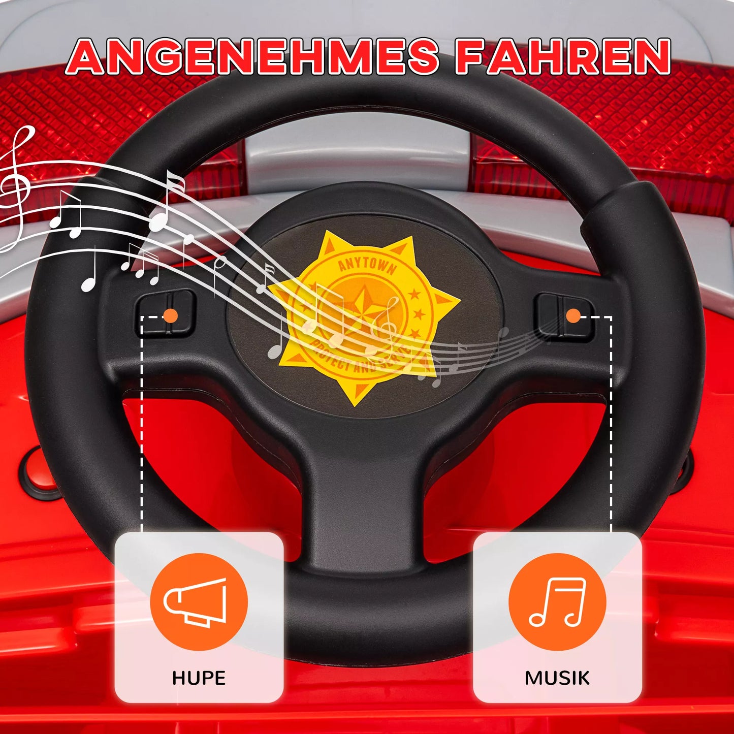 Gaisrinis automobilis, elektrinis vaikiškas automobilis, maks. 3 km/val., su sirena, mėlynu švyturėliu, įrankiais, vaikams nuo 3 iki 5 metų