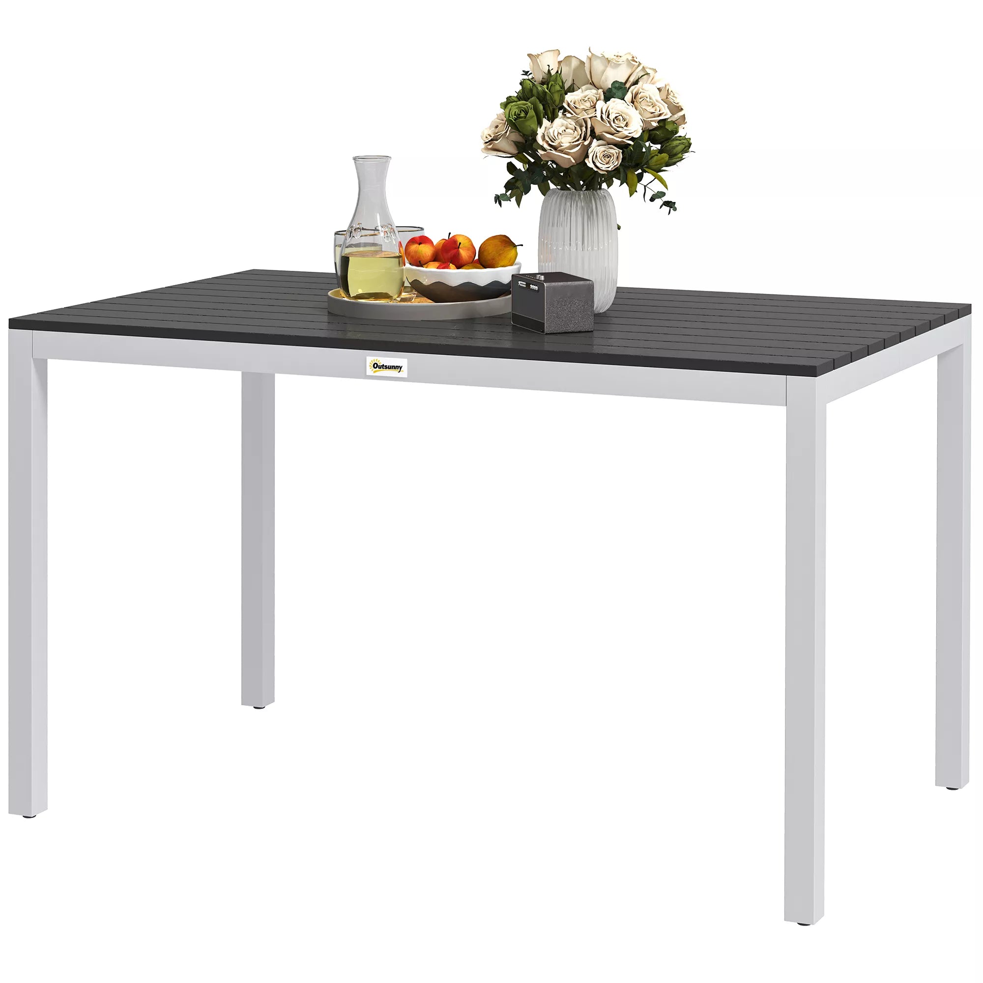 Sodo stalas iš aliuminio 120x70 cm Atsparus atmosferos poveikiui balkono stalas su medžio imitacija, skirtas 4–6 asmenims Juodas