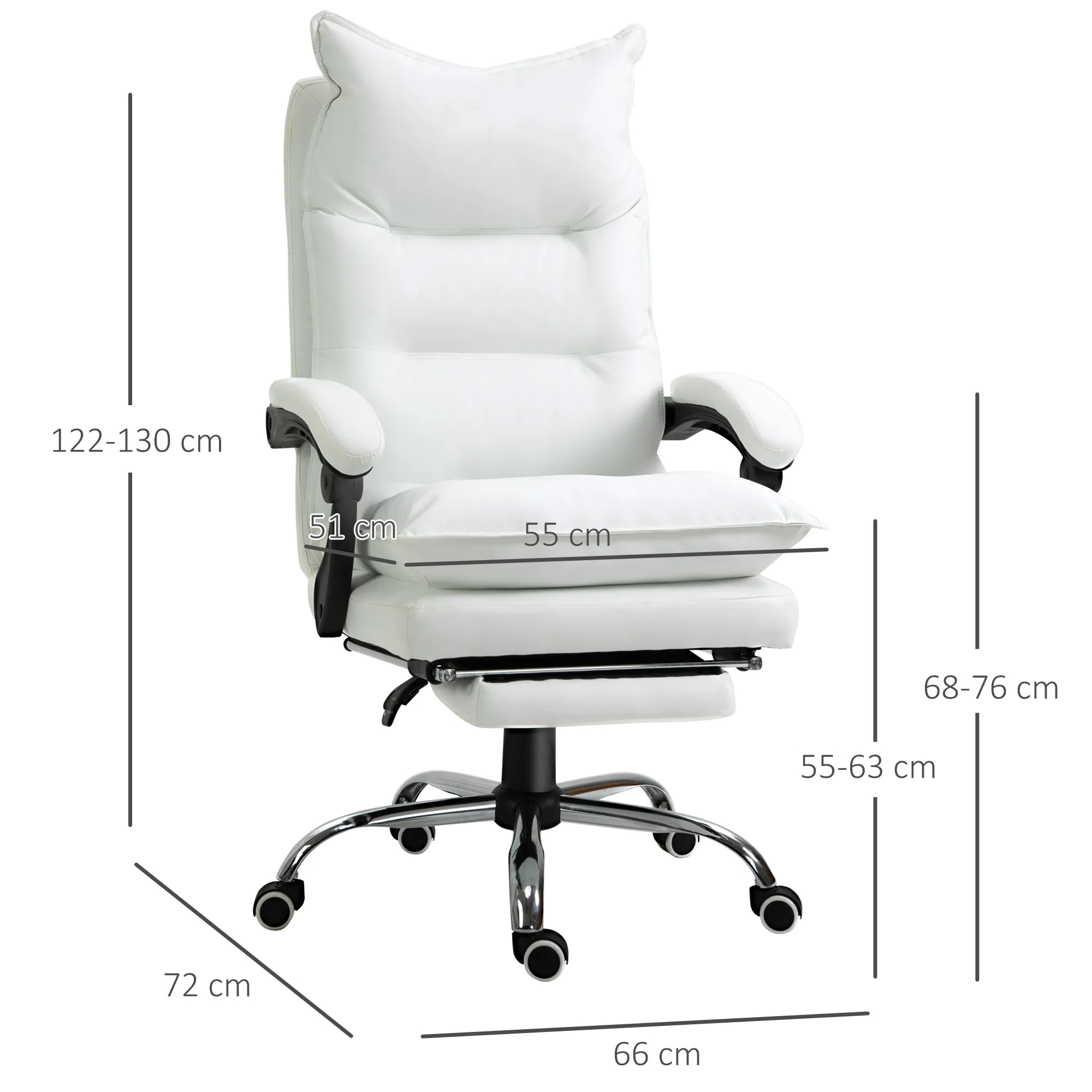 Biuro kėdė su atlošimo funkcija, ergonomiškai reguliuojamas aukštis, su atrama kojoms, paminkštinta, atlaiko iki 135 kg svorį, 66 x 72 x 122–130 cm, balta