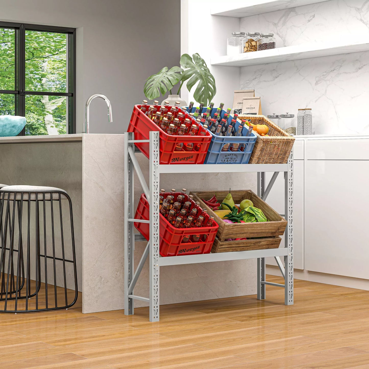 Laikiklis gėrimų dėžėms, iki 6 dėžių, reguliuojamo aukščio, plieninis rėmas, 110x30x110 cm, Baltas