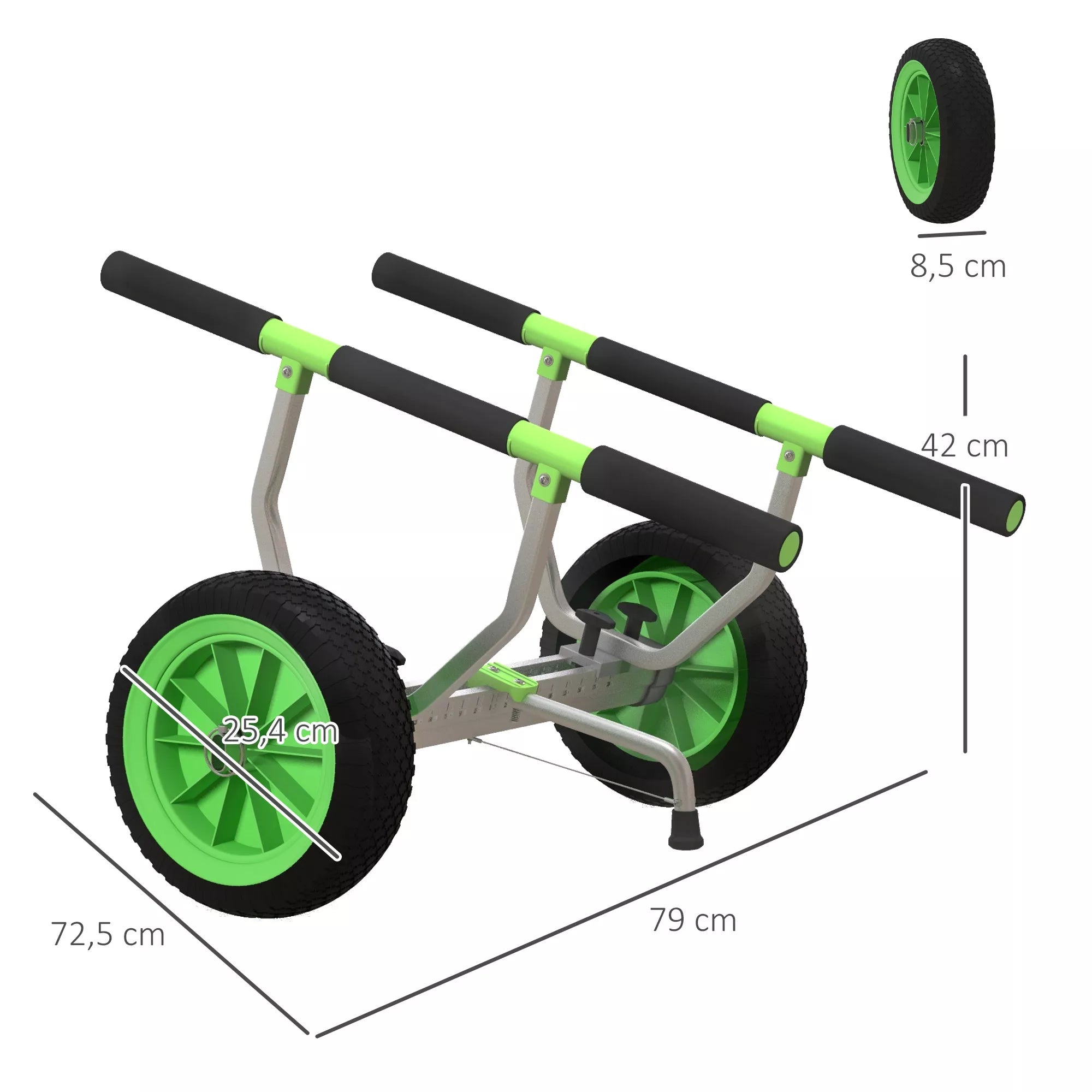 Valties vežimėlis, reguliuojamo pločio, išlaikantis iki 100 kg svorį, aliuminis, juodos ir žalios spalvos, 79 x 72,5 x 42 cm