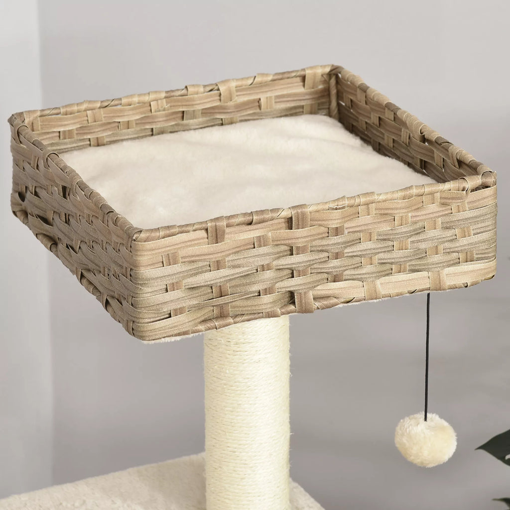 Rotango katės medis, kačių draskyklė, baldai kačiukams su būdele, kamuoliuko žaislas, sizalis, minkštas pliušas, PE, aukštis 108 cm, ruda+smėlio