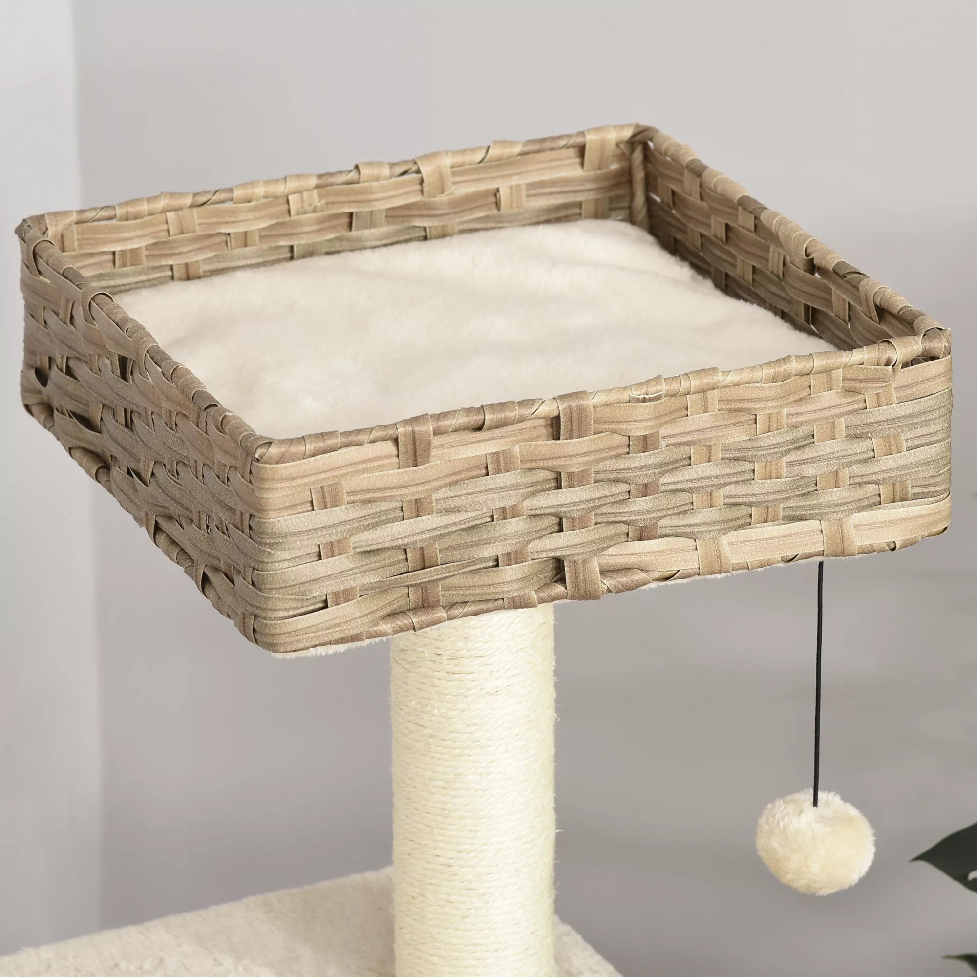 Rotango katės medis, kačių draskyklė, baldai kačiukams su būdele, kamuoliuko žaislas, sizalis, minkštas pliušas, PE, aukštis 108 cm, ruda+smėlio