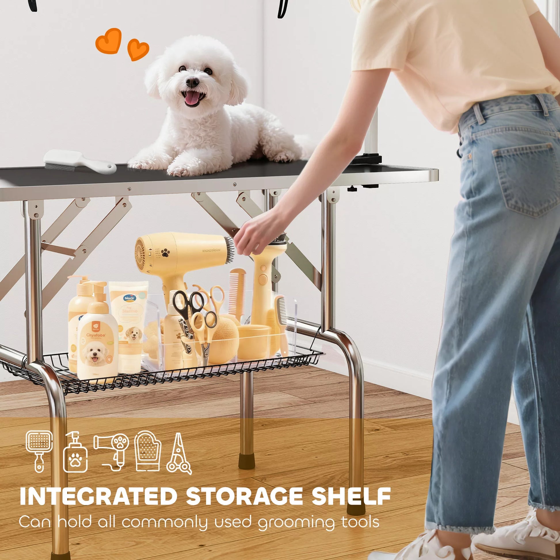 Reguliuojamo aukščio sulankstomas gyvūnų priežiūros stalas, šunų kirpimo stalas, su apatine lentyna, šunims ir katėms iki 100 kg, juodas