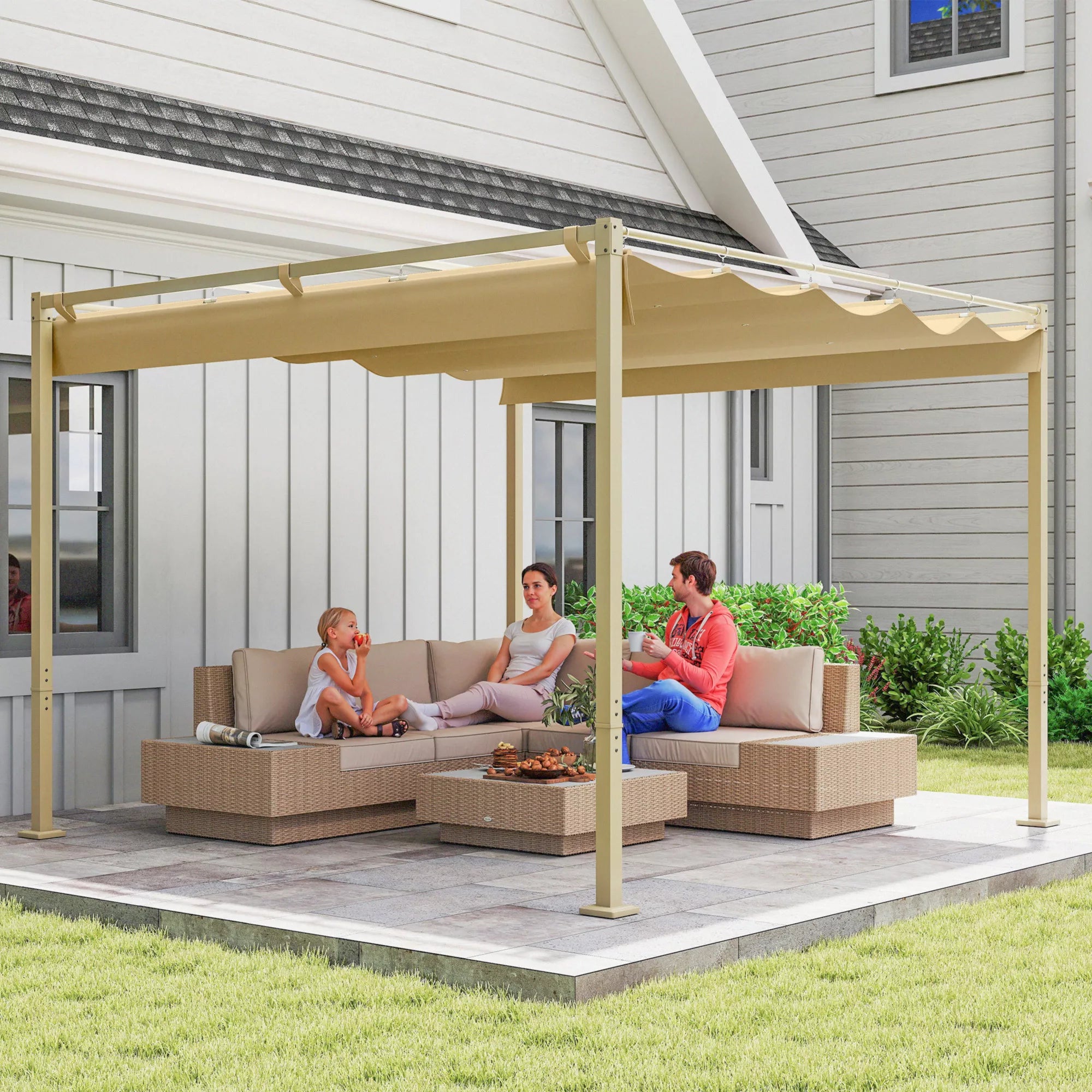 3 x 3 m sodo pergola su ištraukiamu stogu, paviljonas, baldakimas šešėliui, UPF30+, chaki
