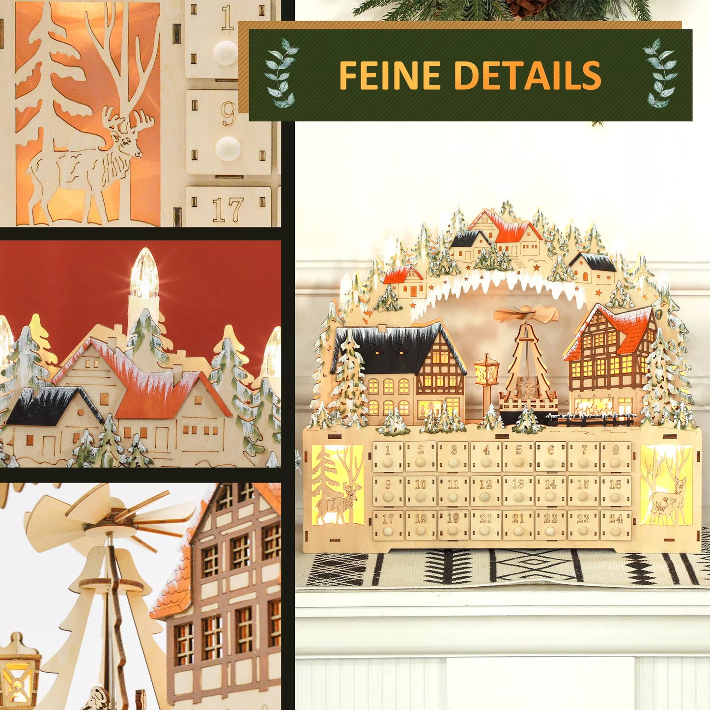 Advento kalendorius, Kalėdinis kaimelis, 18 LED, 24 stalčiai, daugkartinio naudojimo, 45 x 9 x 42,5 cm