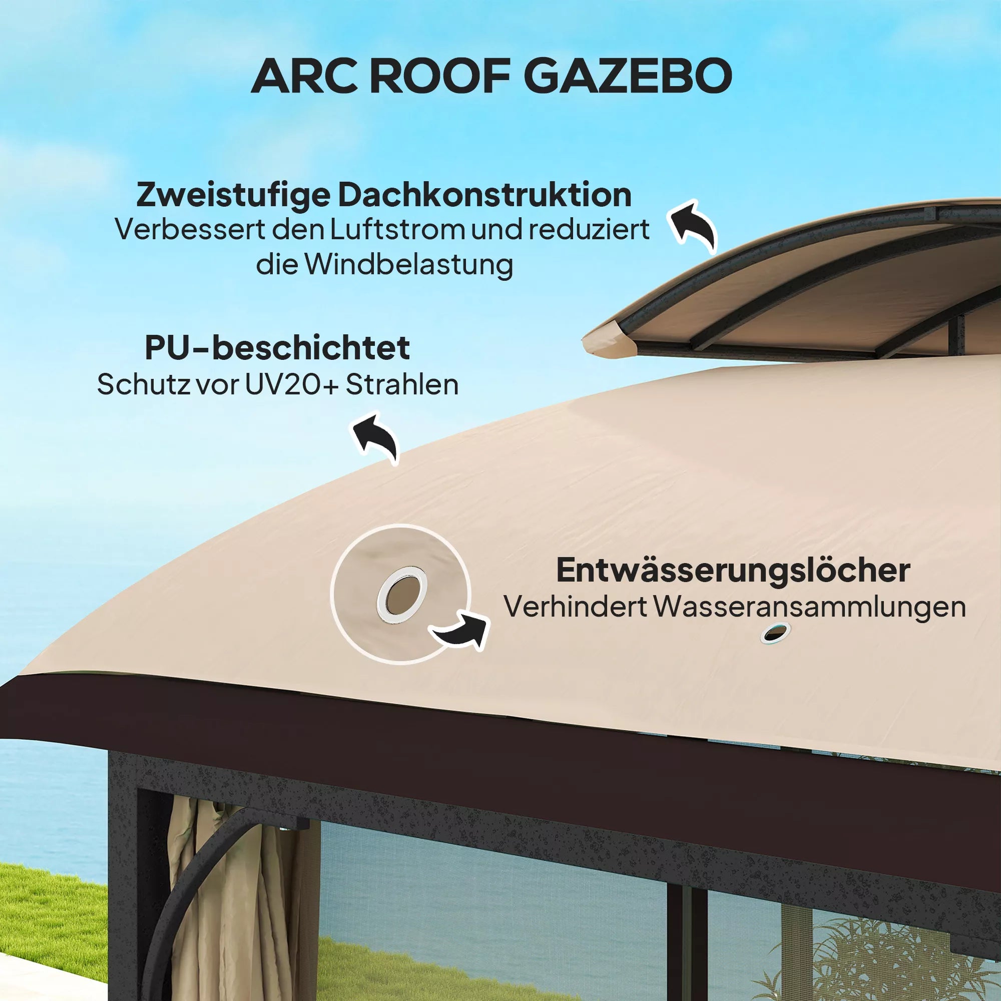 Sodo paviljonas, 3,3 x 4 m Sodo palapinė su tinklinėmis užuolaidomis, dviejų pakopų stogas, dirbtinės odos danga, metalinis rėmas, chaki spalvos
