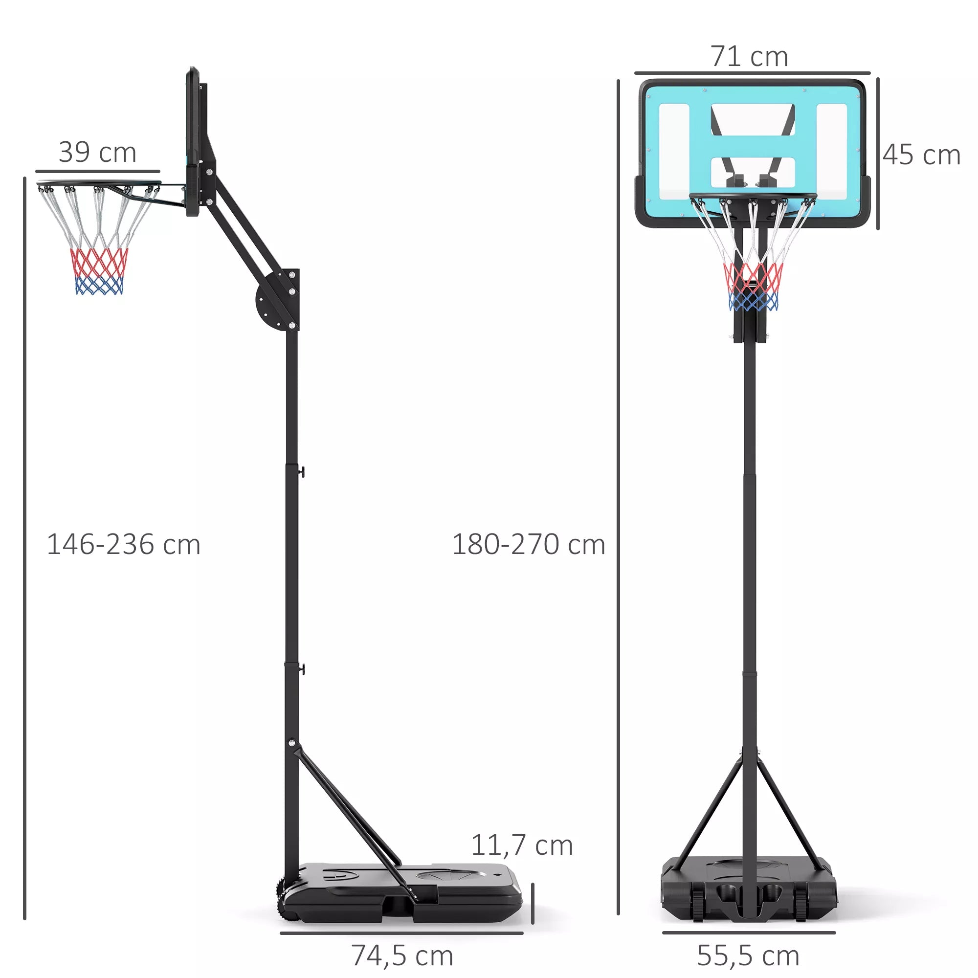 Krepšinio lankas, aukštis reguliuojamas nuo 146 iki 236 cm, krepšinio stovas, su ratukais, plienas, plastikas, juodas