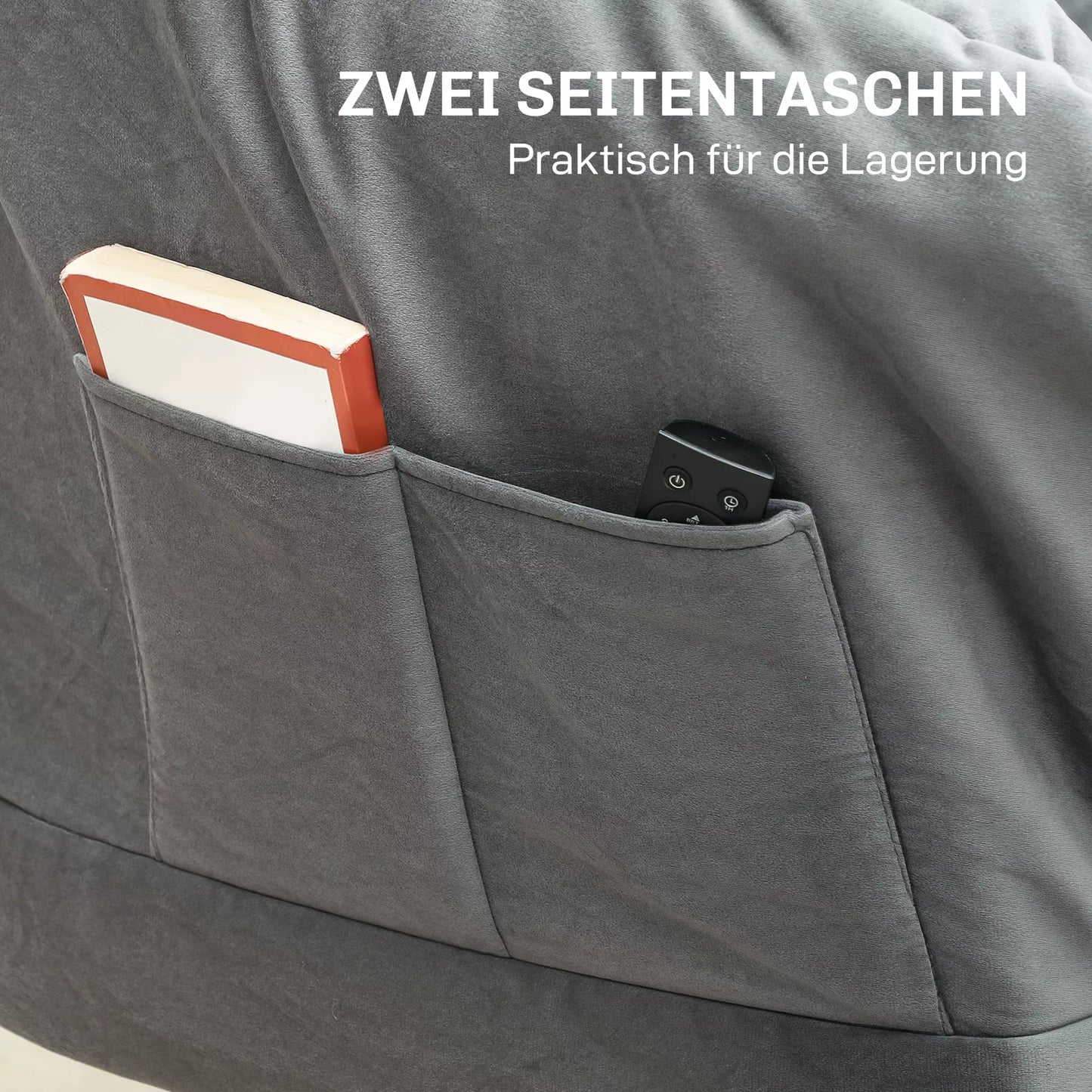 Modernus akcentinis krėslas, minkštas krėslas su plieninėmis kojomis ir šoninėmis kišenėmis, skirtas svetainei, miegamajam, pilkos spalvos