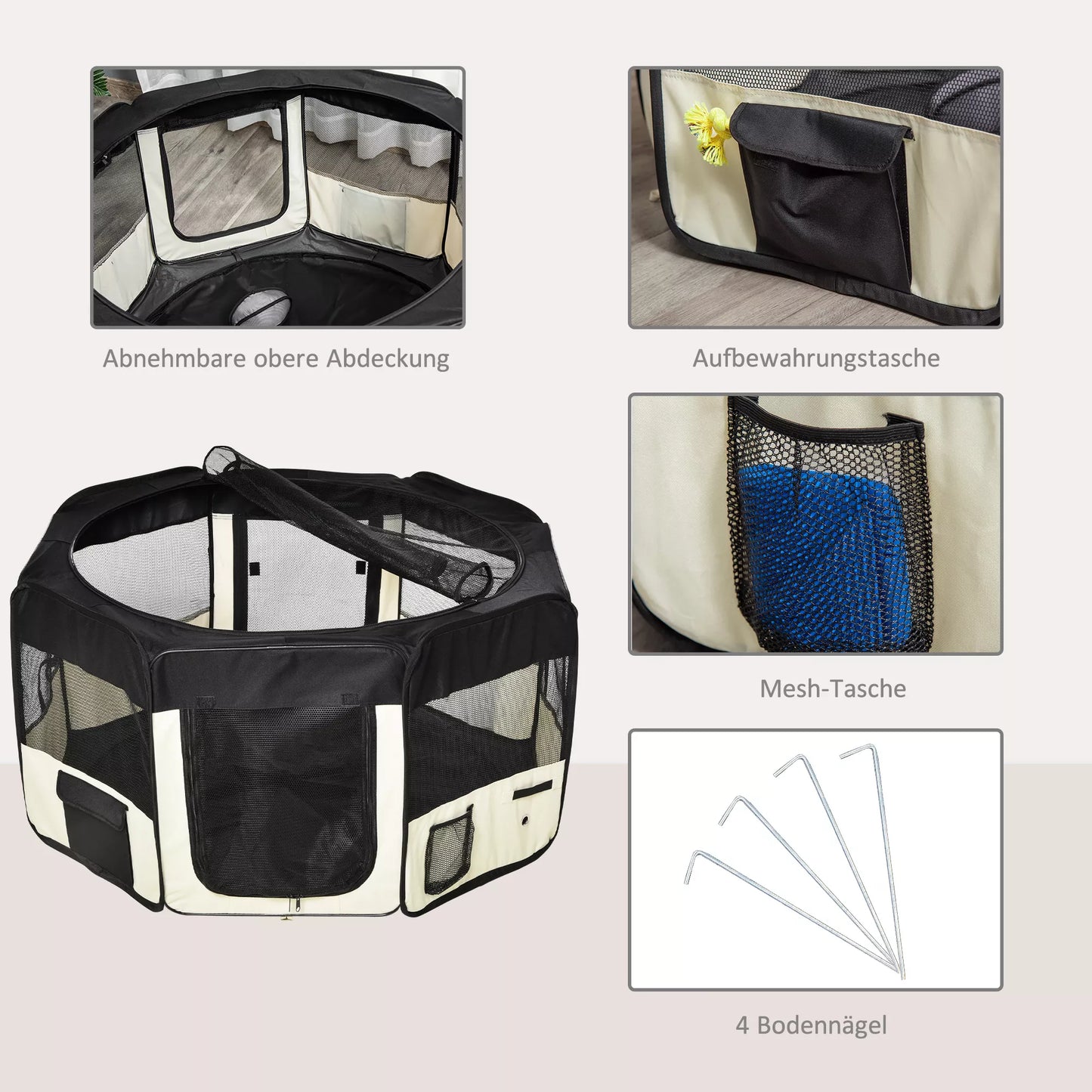 Sulkinys šuniukams, sulankstomas voljeras su tinklelio uždangalu, voljeras šunims, katėms, smulkiems gyvūnams, pralaidus orui tinklinis voljeras šunims, butui, Ø120 x 58H cm Juoda+Kremasbalta