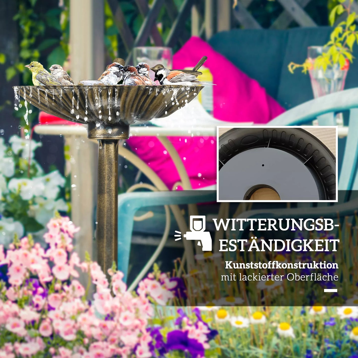 Paukščių girdykla, paukščių vonia su statulėlėmis, 2 baseinai, plastikas, senovinis stilius, 49,5L x 38B x 81H cm, bronzos spalvos