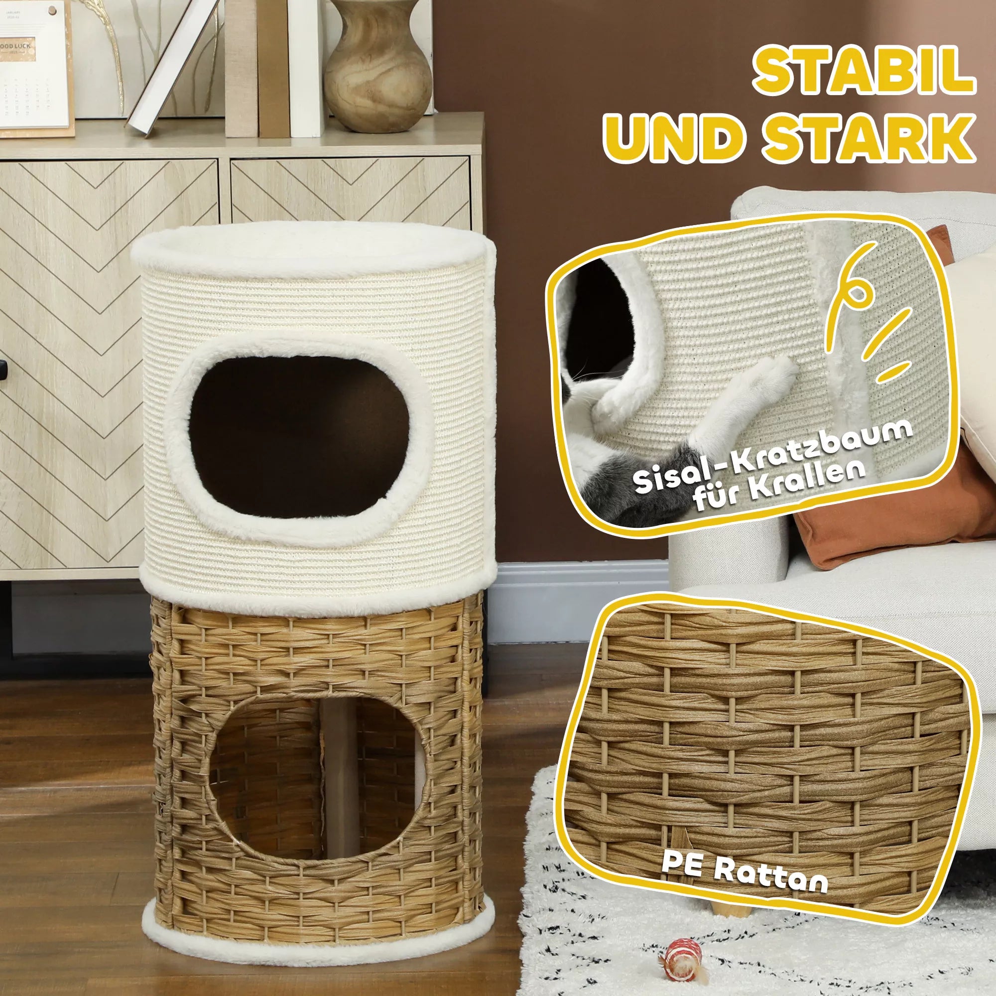 Kratztonne 80 cm aukščio Ø 40 cm trijų aukštų katės statinė su pliušiniu kraštu, katės urvas kreminės baltos spalvos