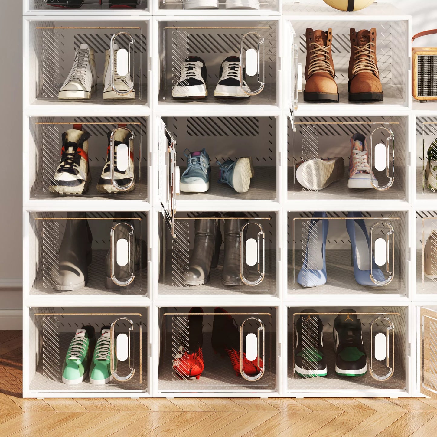 8 dalių batų lentyna, sukraunamos batų dėžės batams iki 46 dydžio, magnetinės durys, plastikas, 28 x 36 x 21 cm