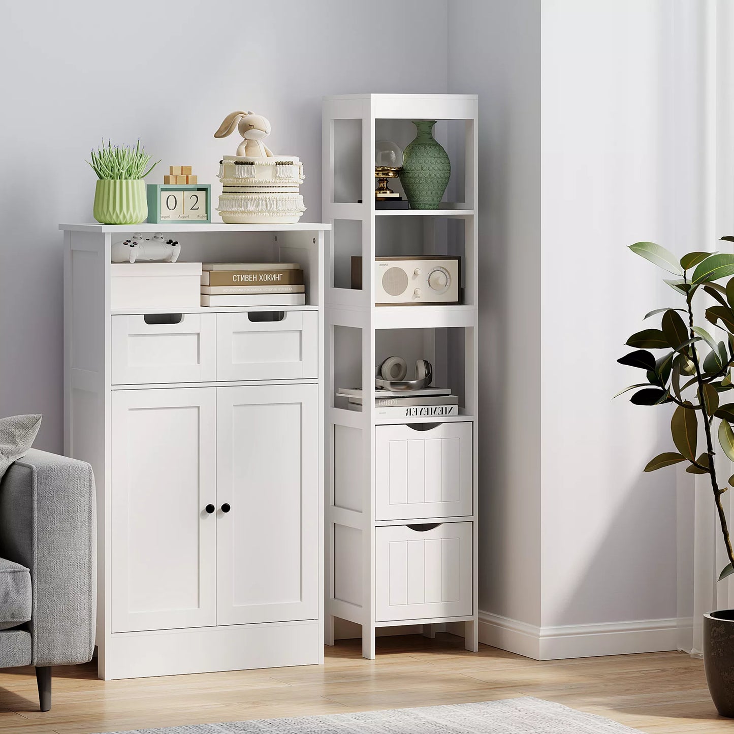 Vonios spintelė, kompaktiška vonios lentyna su 2 stalčiais ir 3 atviromis lentynėlėmis, laisvai pastatoma vonios lentyna, MDF, balta