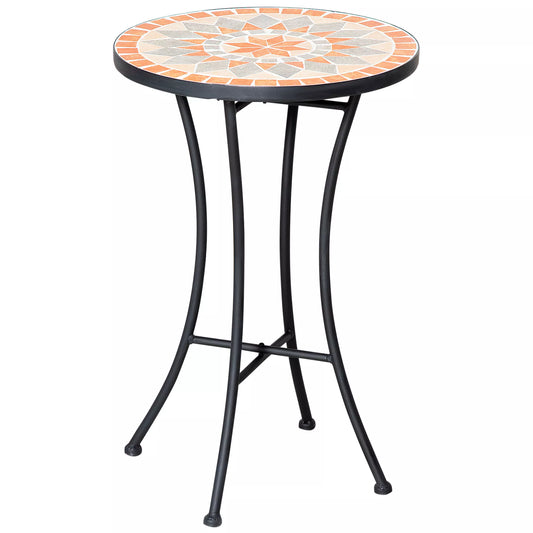 Tvirtas lauko staliukas Ø35,5cm apvalus, atsparus oro sąlygoms, tinklelio stiliaus balkono staliukas su mozaikos raštu, metalinis kempingo staliukas, kavos staliukas svetainei, biurui, lauke ir viduje, geltonas+pilkas