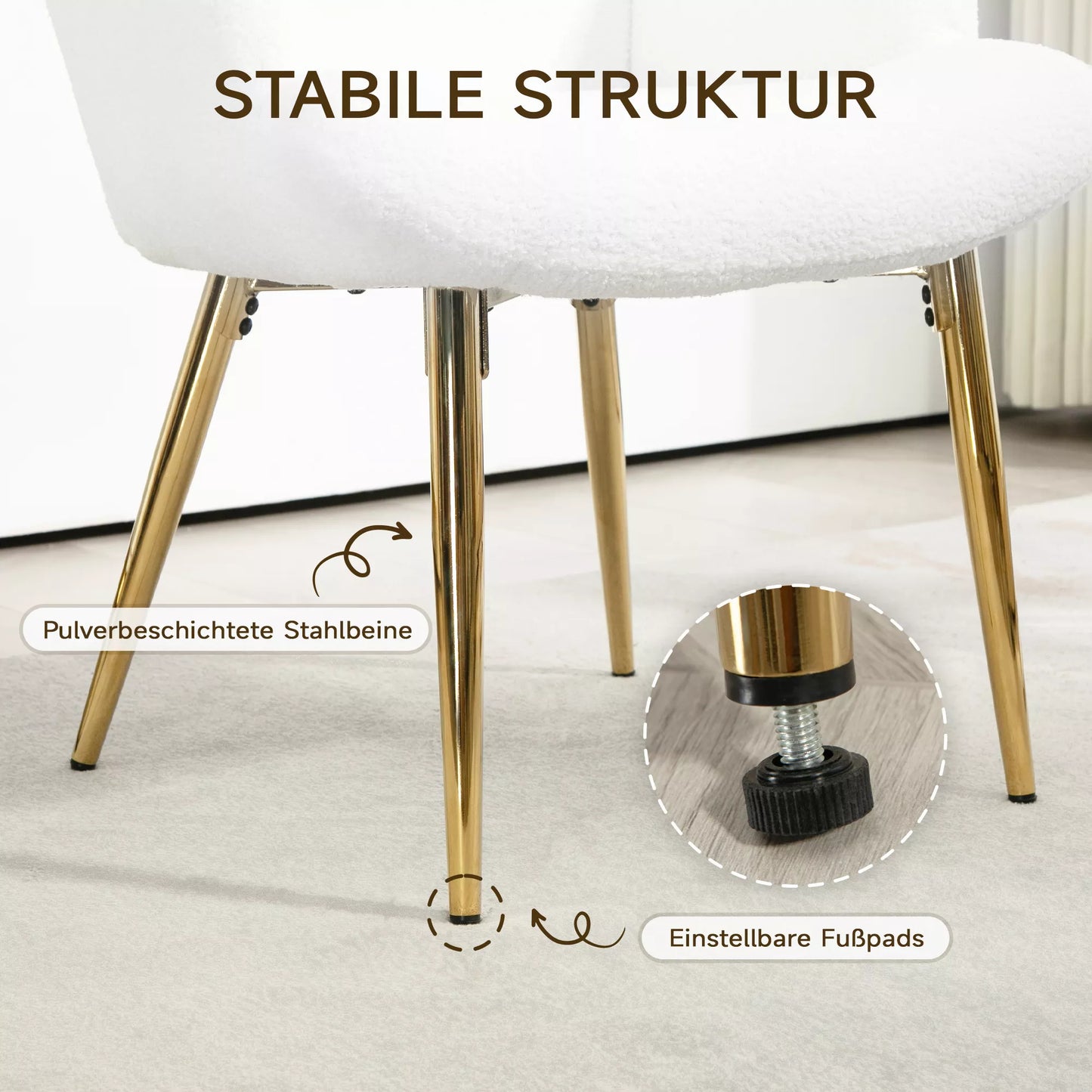 Krėslas su pakoja, aukštu atlošu, Šerpa apmušalu, paauksuotomis metalinėmis kojelėmis, iki 120 kg, baltas