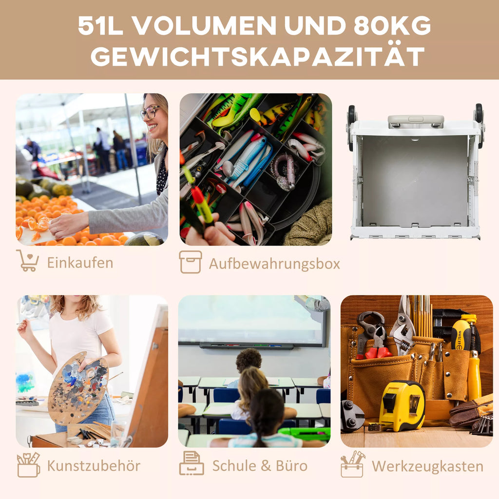 Pirkinių vežimėlis Laiptų kopiklis Mobilus transportavimo dėžė,  sulankstomas, teleskopinė rankena, maksimalus apkrovos svoris iki 65 kg, baltas