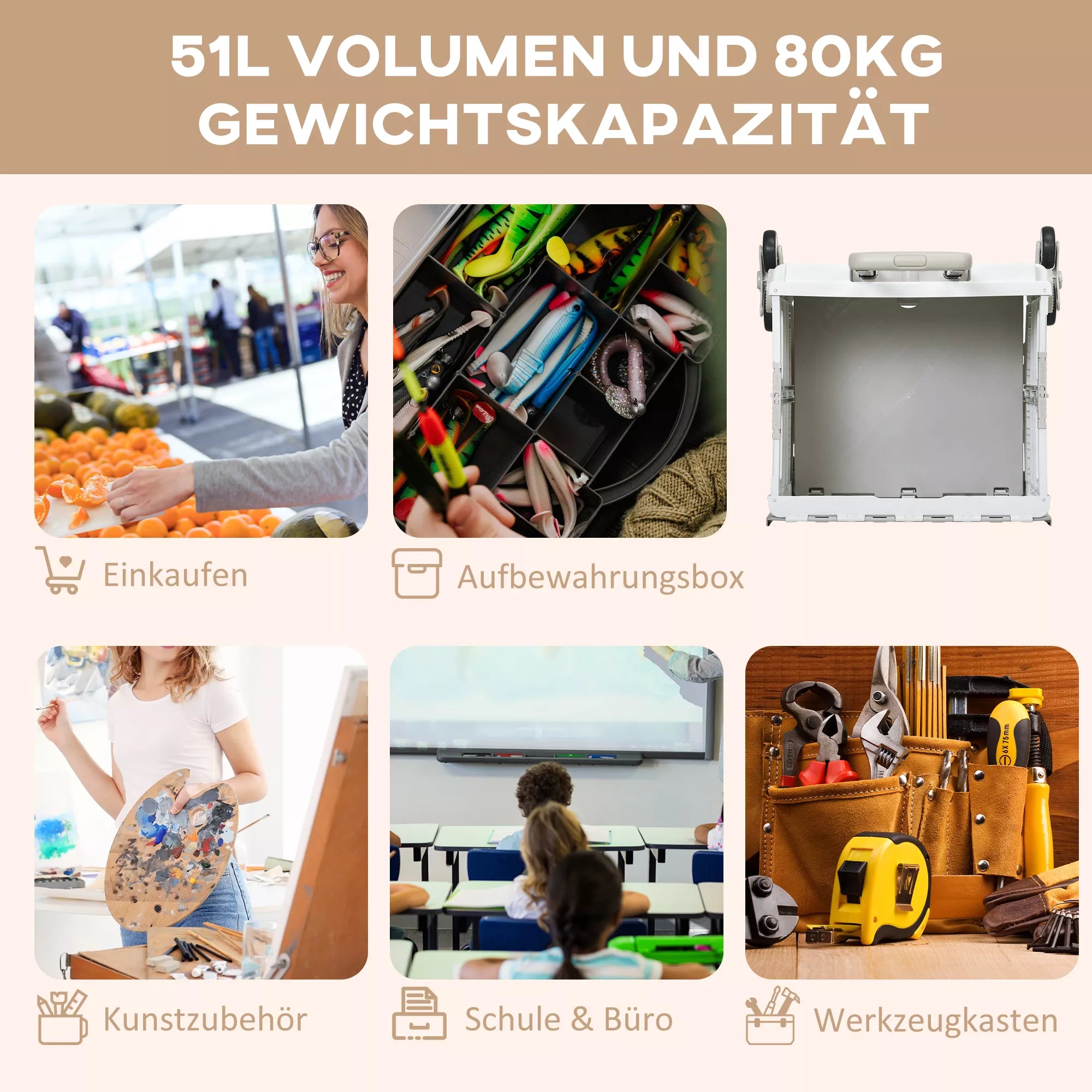 Pirkinių vežimėlis Laiptų kopiklis Mobilus transportavimo dėžė,  sulankstomas, teleskopinė rankena, maksimalus apkrovos svoris iki 65 kg, baltas