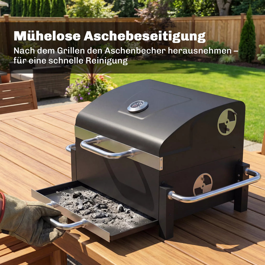 Plieninis anglies grilis, nešiojamas BBQ rūkintuvas su dangčiu, reguliuojama ventiliacija, dviejų lygių anglies dėžė, termometras