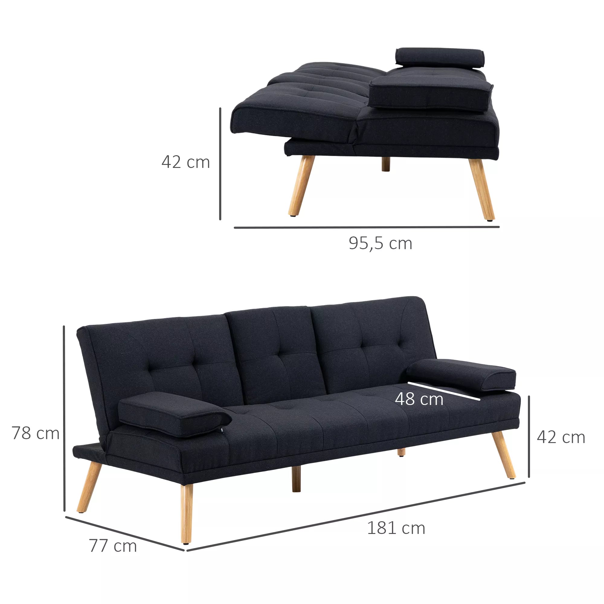 Sofa-lova su reguliojamu atlošu ir staliuku, 181 cm, pilka