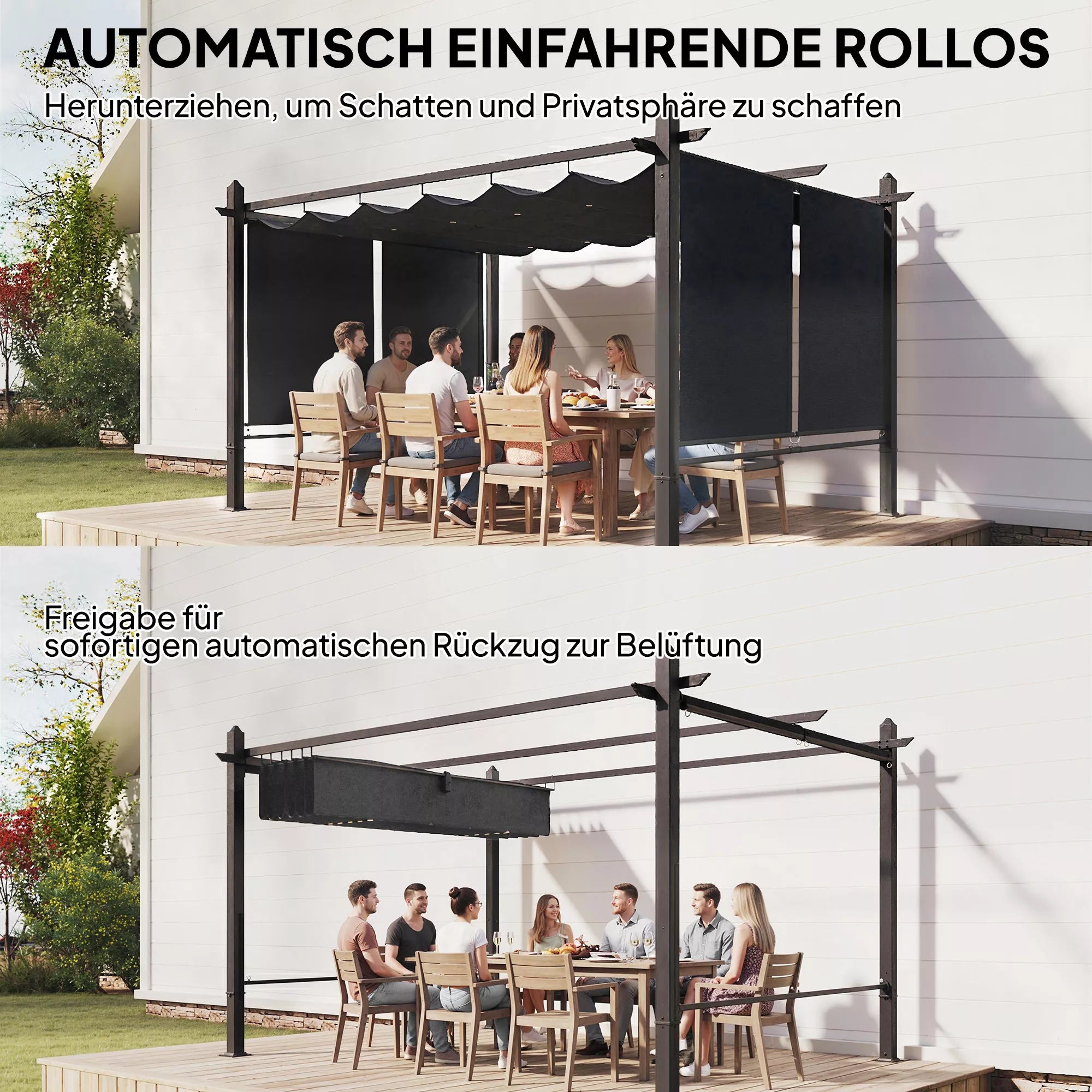 Terasos pergola su ištraukiamu stogu – 392 × 297 × 225 cm, tamsiai pilka