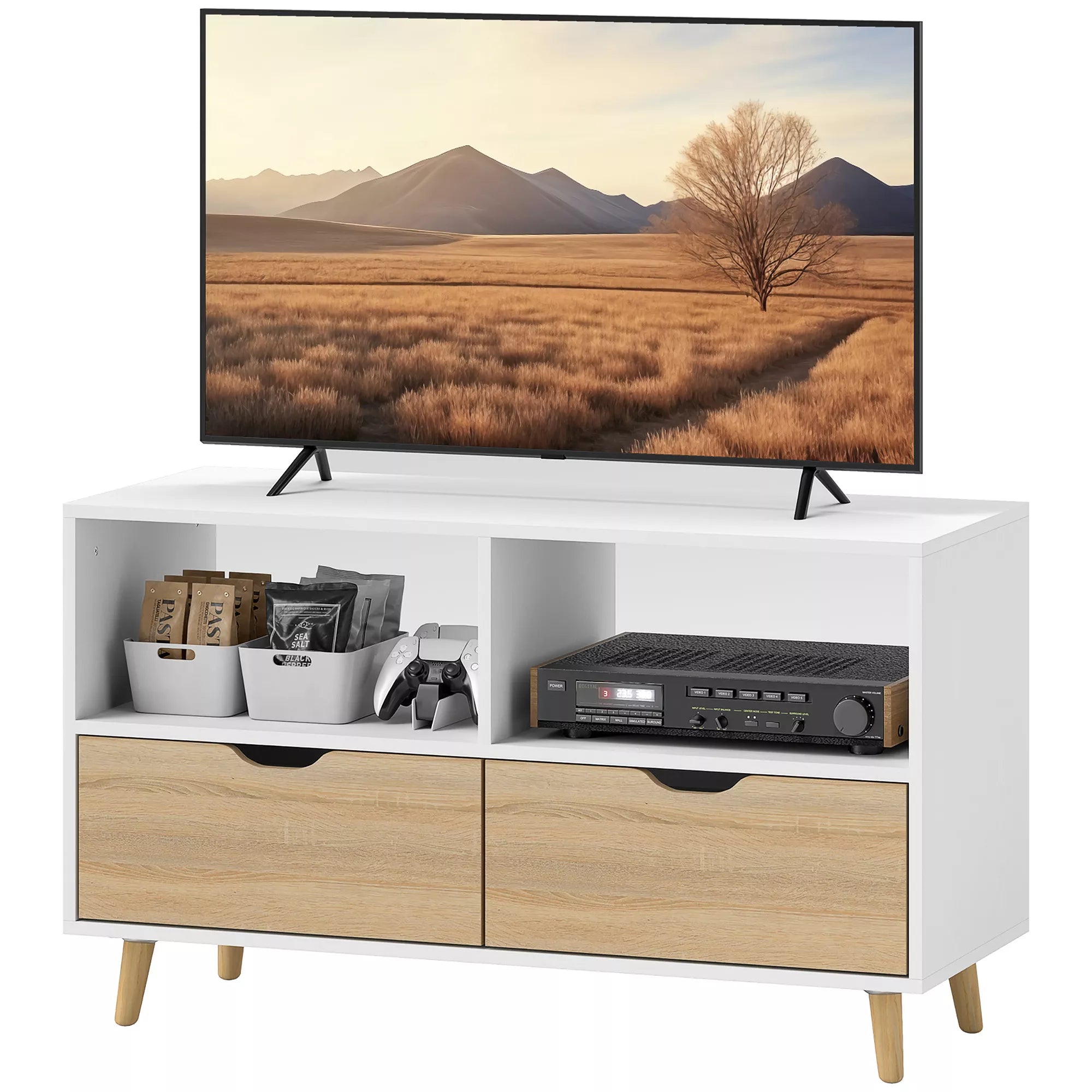 TV spintelė, TV komoda su stalčiais, atviros lentynos, mediena, 99 x 39 x 58 cm, balta