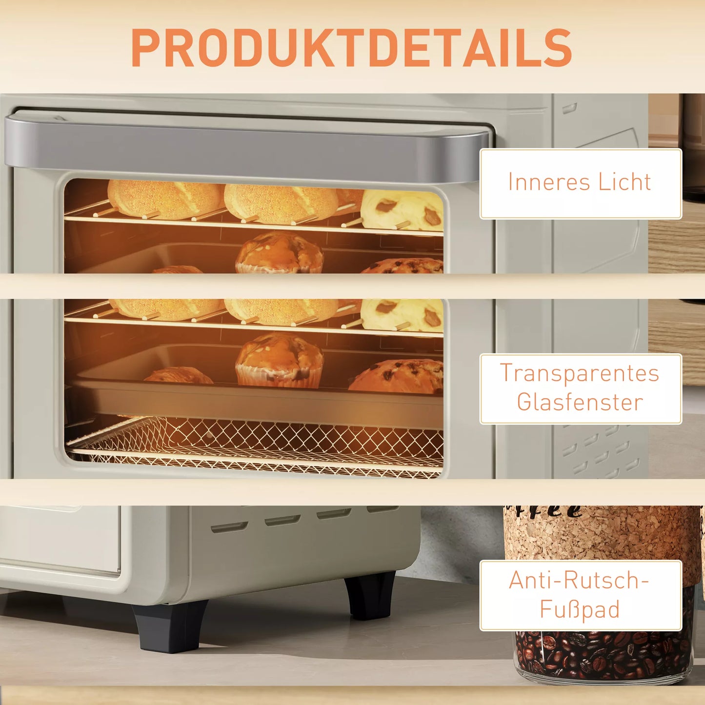 10 l karšto oro orkaitė kepimui, kepimui ir gruzdinimui, laikmatis, 1000 W, galima plauti indaplovėje, kreminė balta spalva