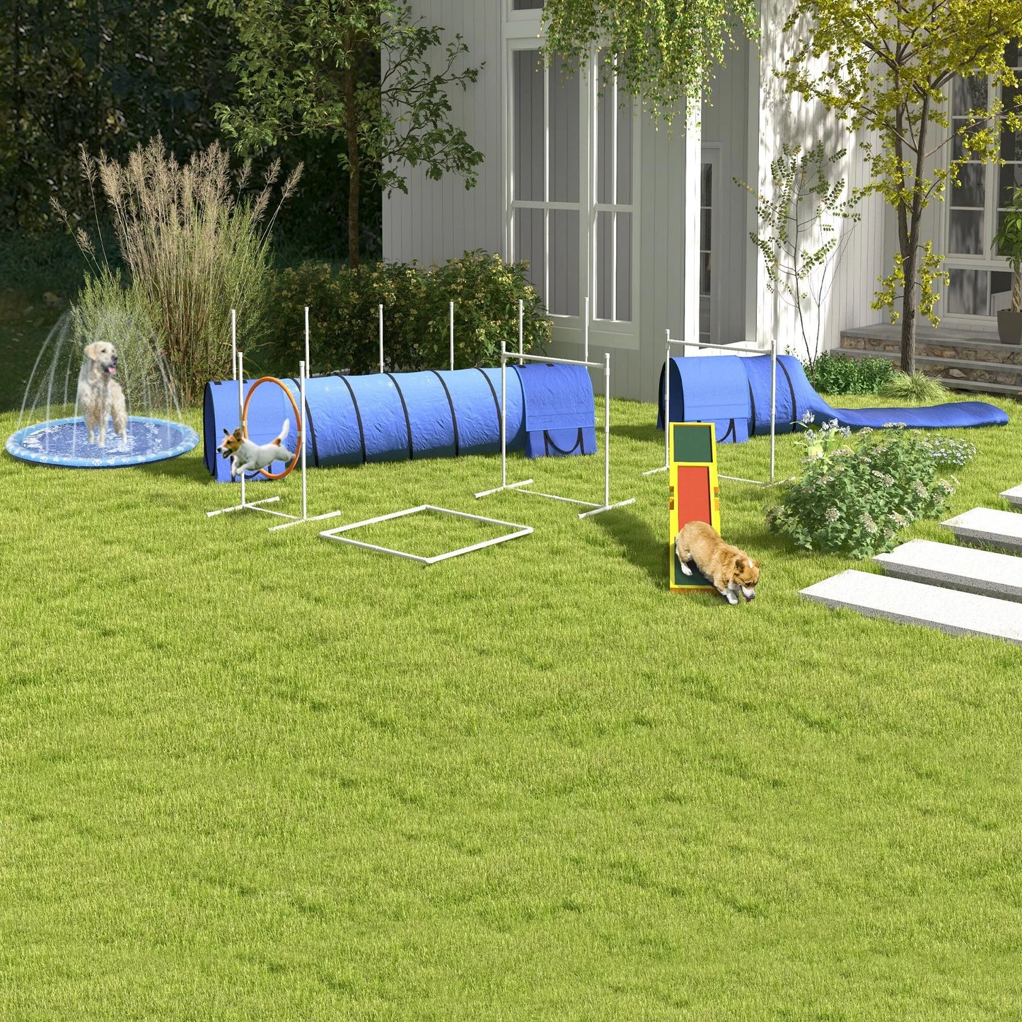 Šunų Agiliti trasos komplektas, 1 lankas, 2 tuneliai, 2 barjerai, 321 cm x 63 cm x 93 cm, mėlyna + raudona + balta