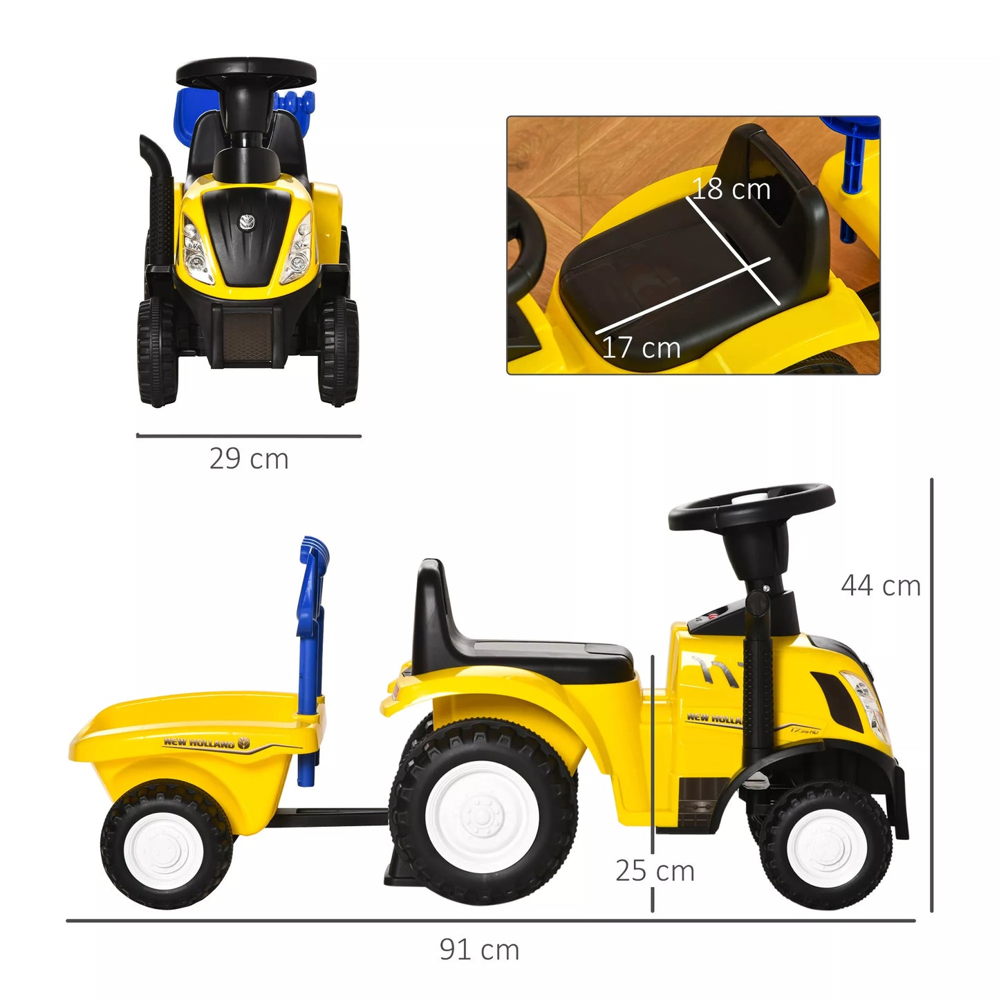 Važiuojamasis traktorius su priekaba, su signalu, smėlio žaislas, nuo 1 metų, plastikas+metalas, geltonas, 91 x 29 x 44cm