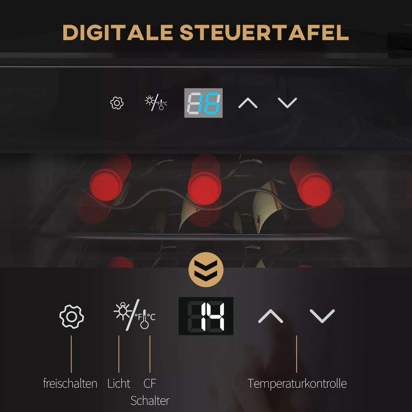 Vyno šaldytuvas, tylus, 5-18°C, jutiklinis ekranas, apšvietimas, 34,5x45x78cm, juodas