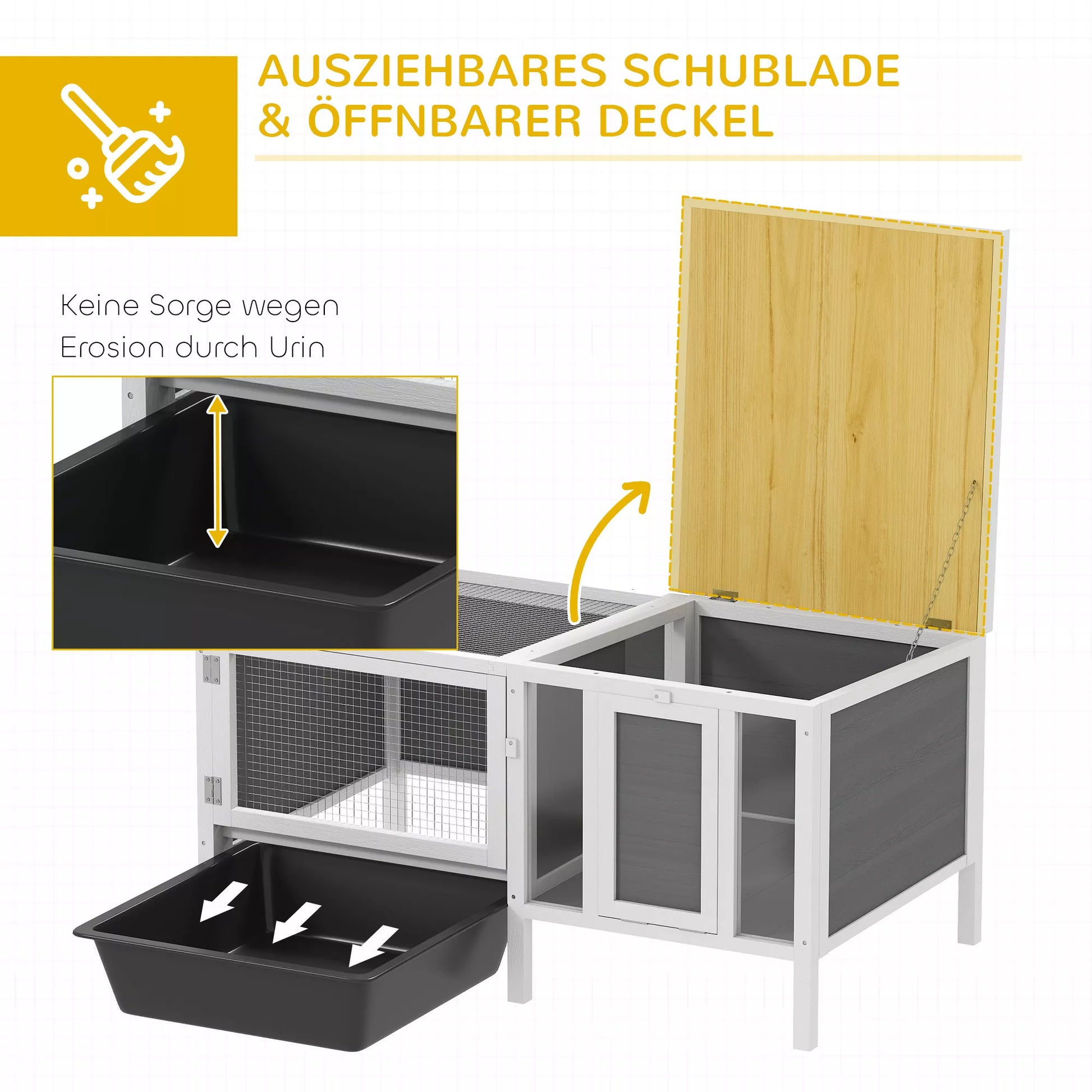 Hasenstall Medinis triušių narvas su laisvo judėjimo aptvaru, rampa, 3 įėjimais, ištraukiamu dubeniu, 105 x 57,5 x 51,5 cm Pilkos spalvos