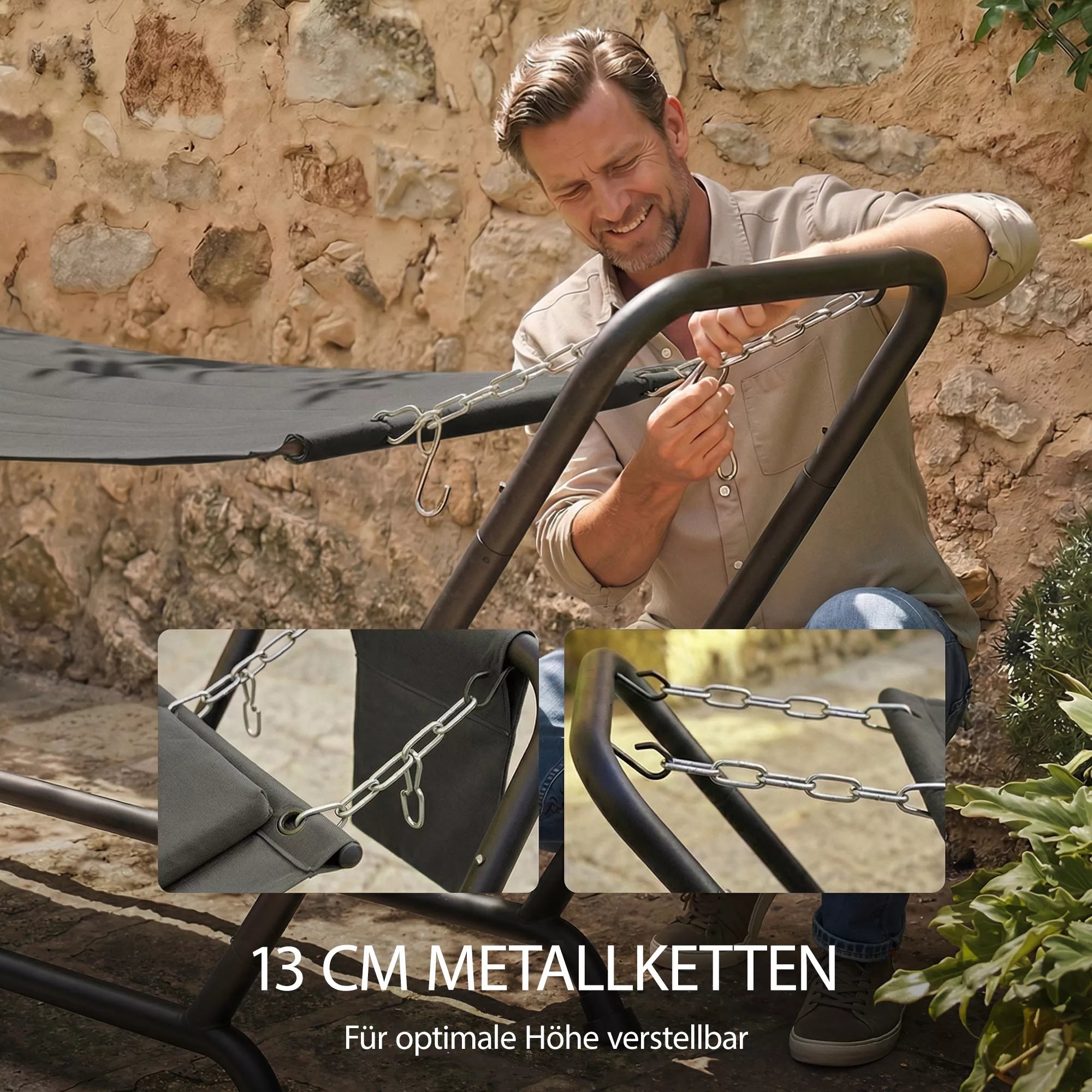 Hamakas su rėmu 237 x 90 cm Stabinis hamakas su šonine kišene, galvos atrama Metalinis rėmas iki 150 kg