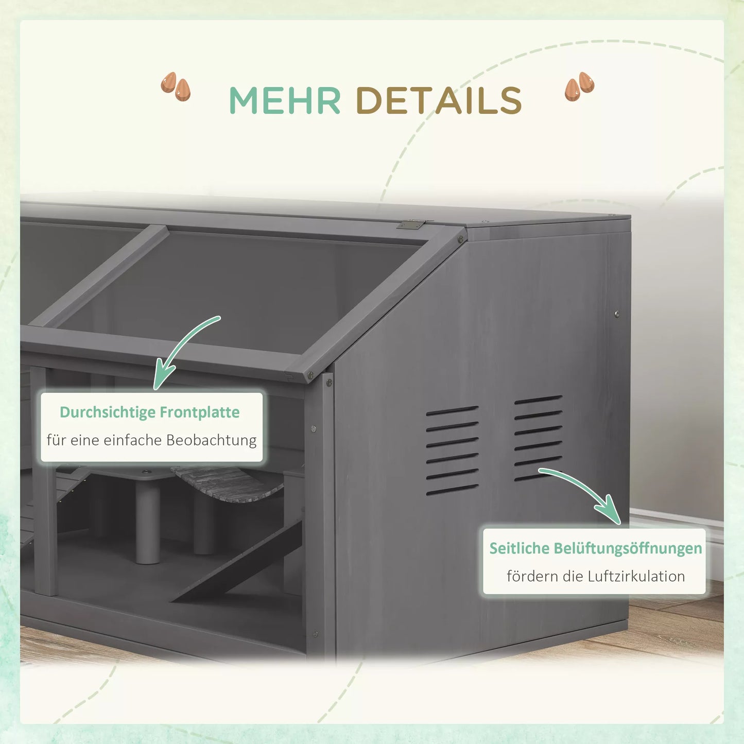 Smulkaus gyvūnėlio ir graužikų narvas su priedais, eglės mediena, 100 cm x 52 cm x 50 cm, pilkas