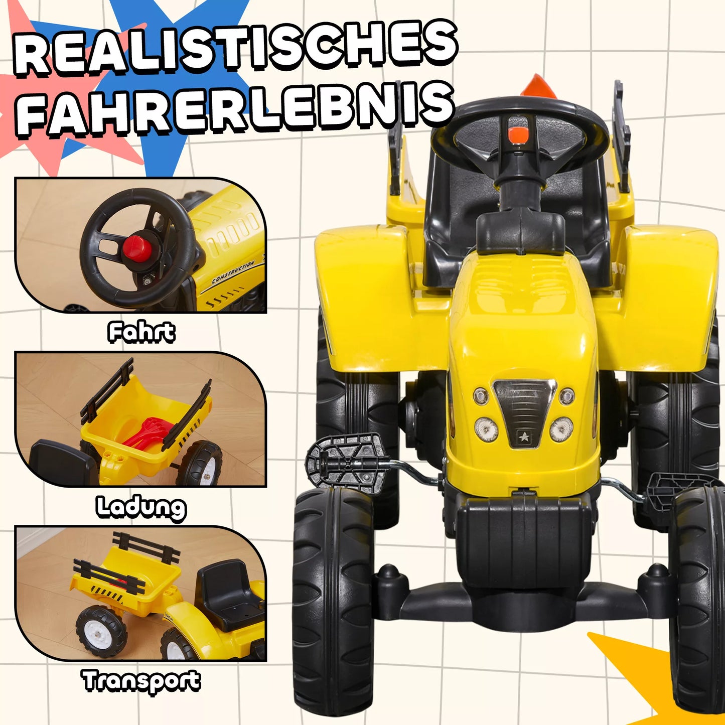 Pedalinis traktorius su priekaba, įrankiai, garso signalas, vaikams nuo 3 metų, metalinis rėmas, juodai-geltonas, 133 x 42 x 51 cm