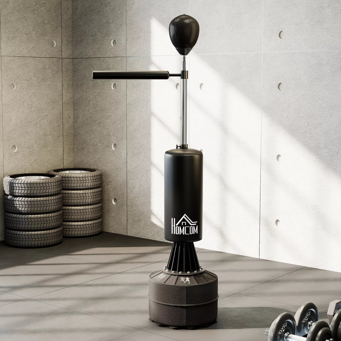 Stovintis bokso maišas su speedball, refleksine lazda, reguliuojamo aukščio, suaugusiems, 155-205cm, Juodas