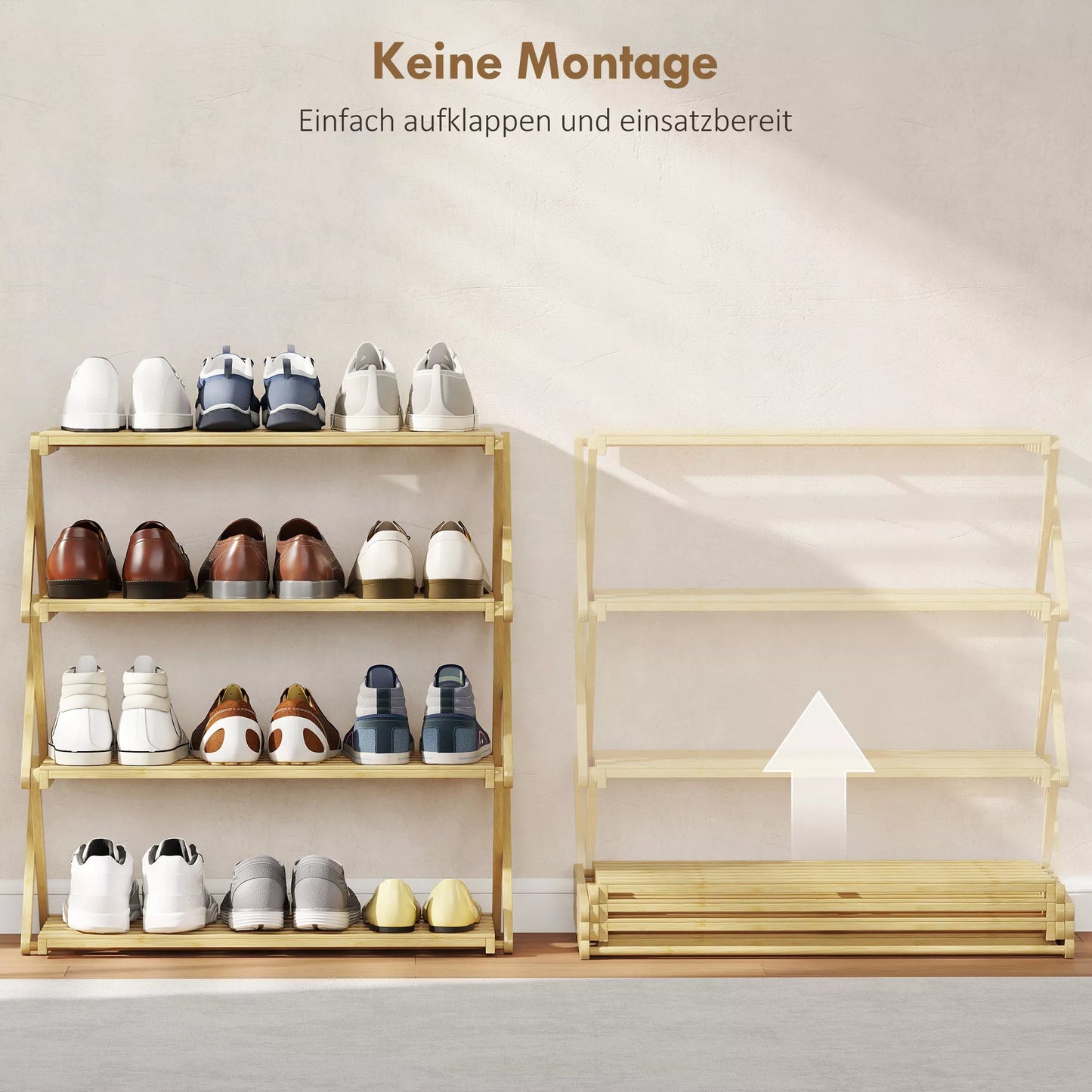 Avalynė su 4 lentynomis, bambukinė avalynės lentyna, talpa iki 12 porų batų, skirta prieškambariui, koridoriui, 60 x 29 x 67 cm, natūrali